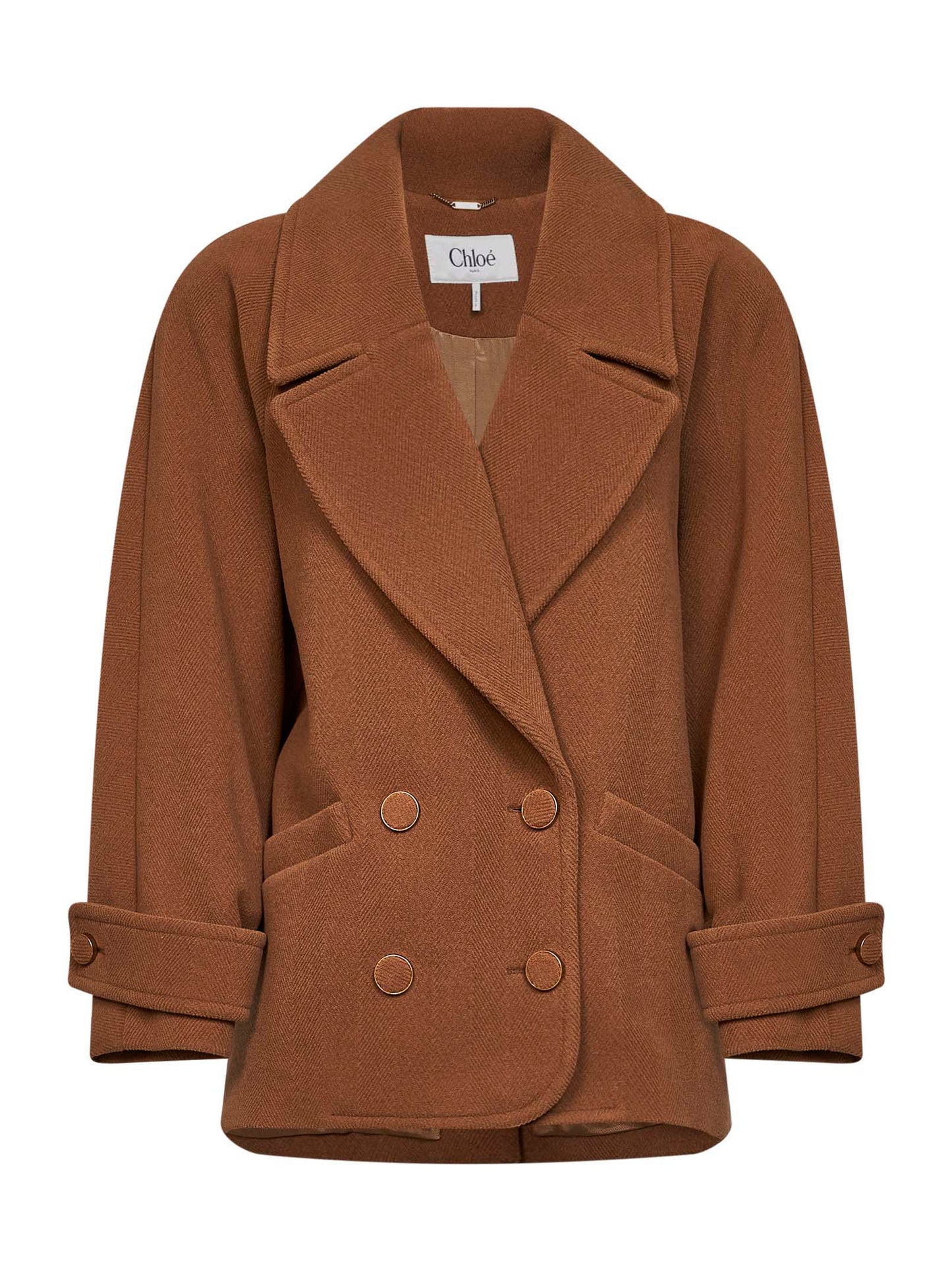 Chloé Women Dusty Camel Herringbone Wool Short Coat CHLOE