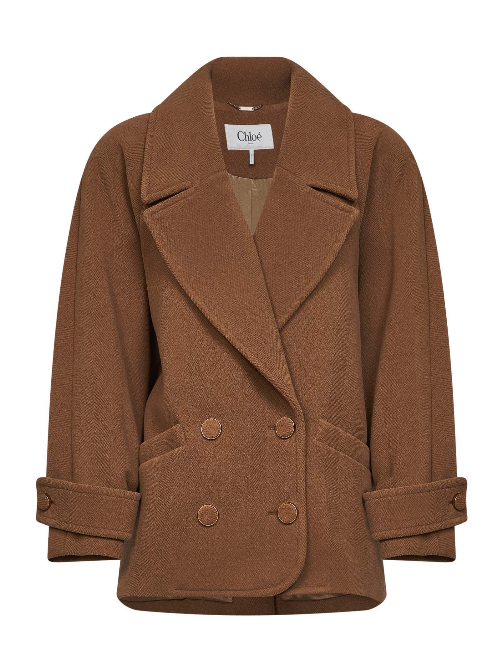 Chloé Women Dusty Camel Herringbone Wool Short Coat CHLOE