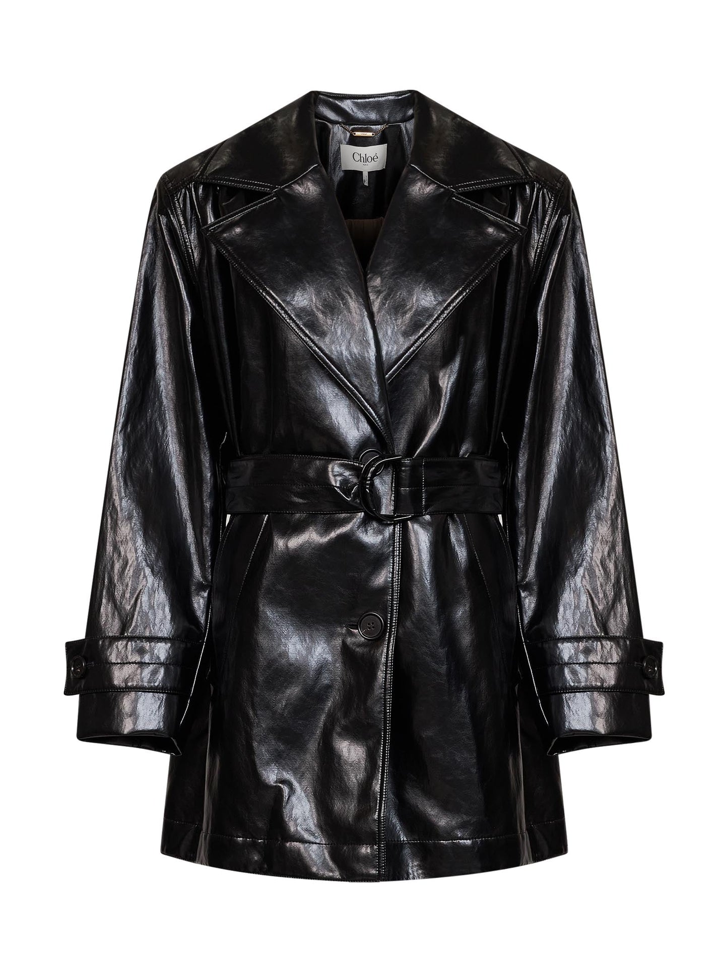 Chloé Women Black Shiny Coated Viscose Belted Trench Coat CHLOE