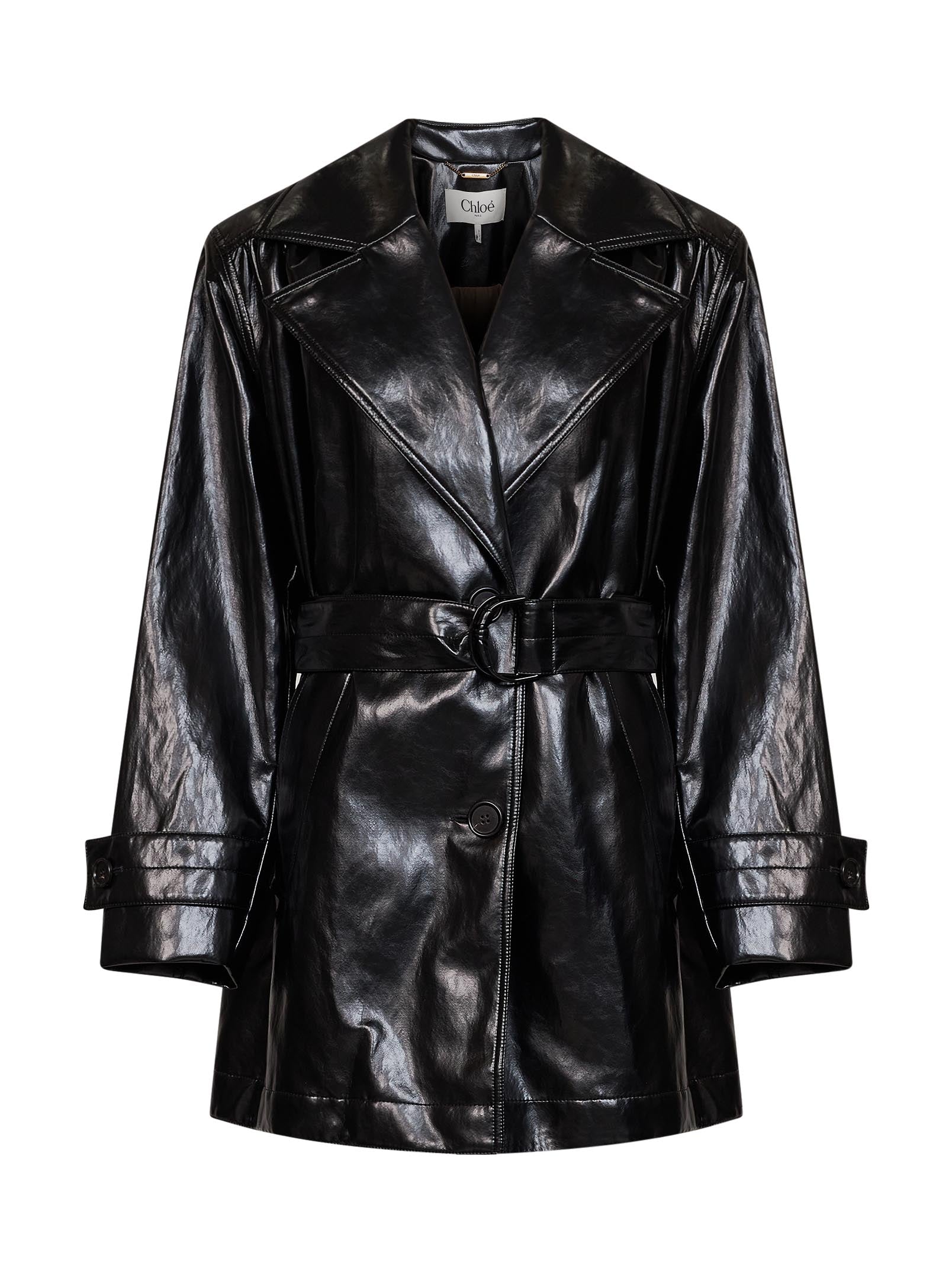 Chloé Women Black Shiny Coated Viscose Belted Trench Coat CHLOE