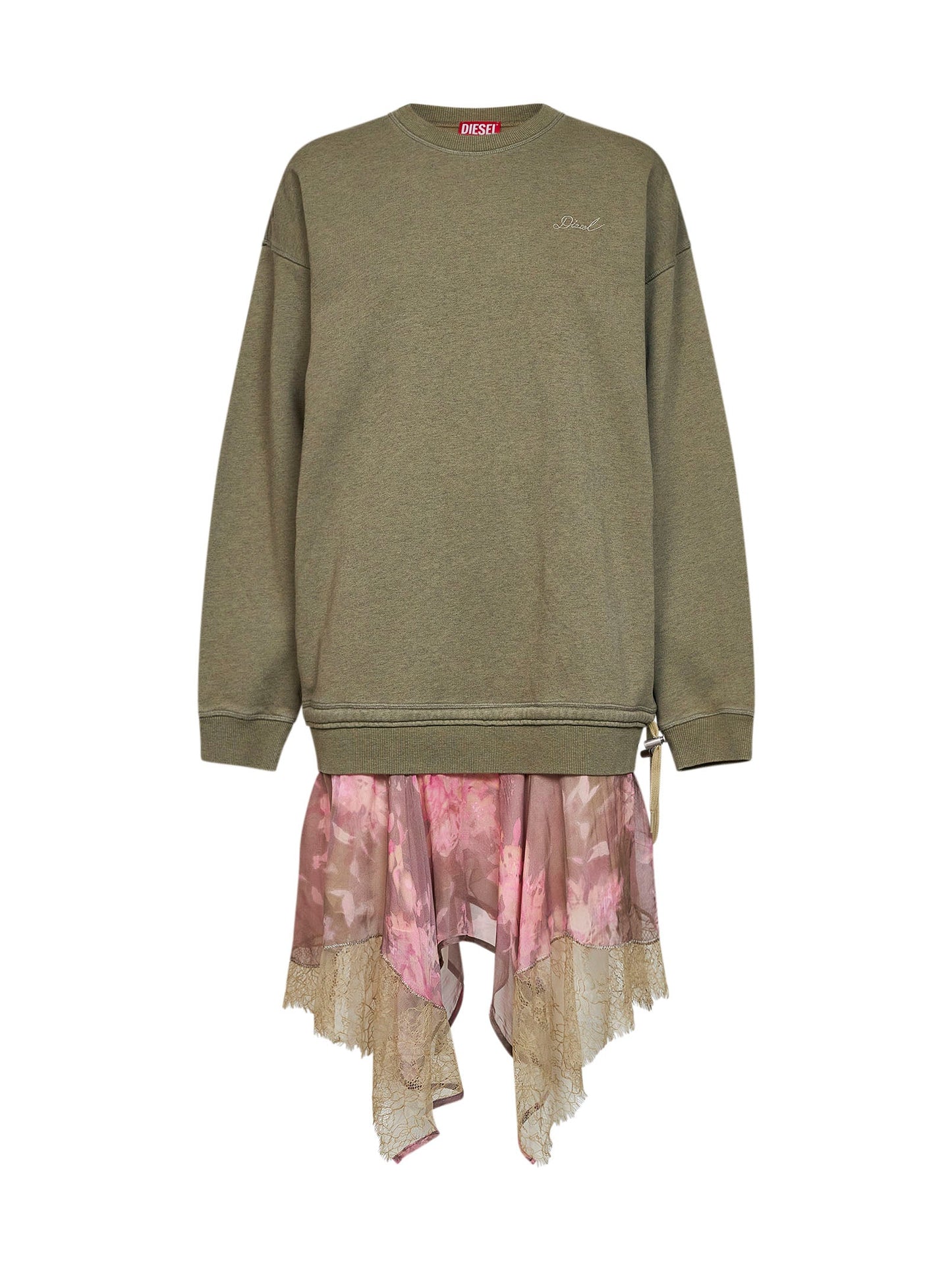 Diesel Women Green And Pink D-Orely Sweatshirt Dress With Chiffon Skirt DIESEL