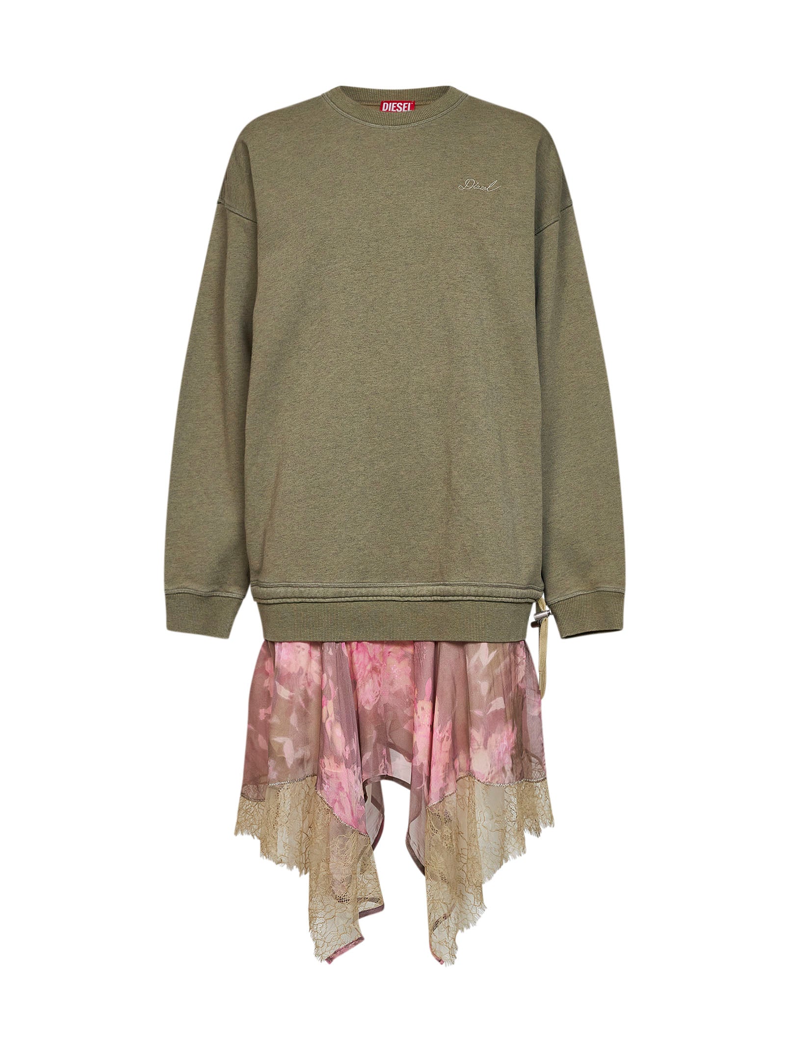 Diesel Women Green And Pink D-Orely Sweatshirt Dress With Chiffon Skirt DIESEL
