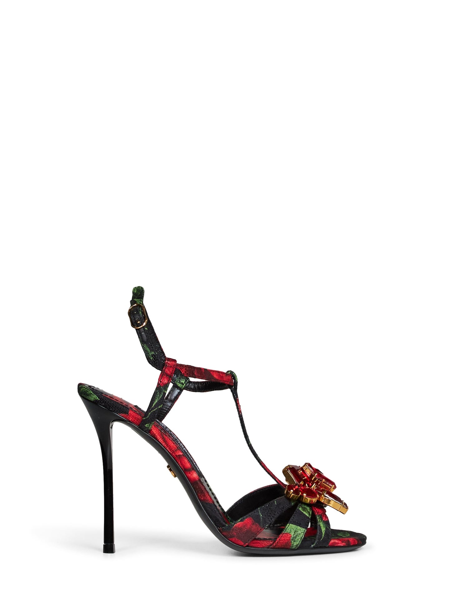 Dolce & Gabbana Women Black Rose-Print Brocade Sandals With Jeweled Brooch DOLCE & GABBANA