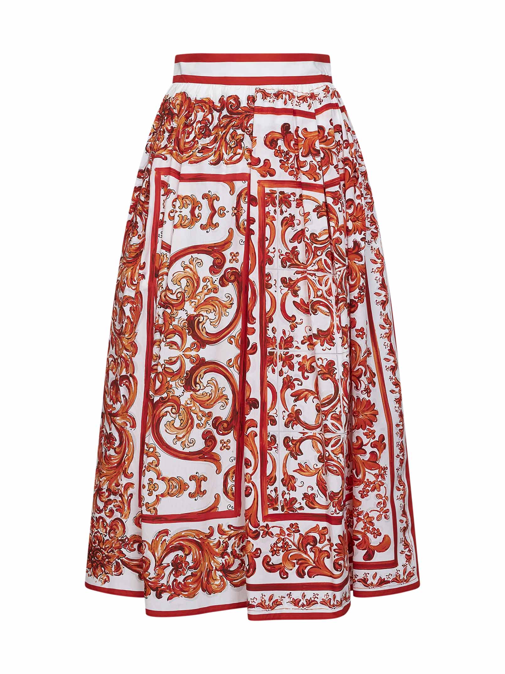 Dolce & Gabbana Women Orange Maiolica-Print Pleated Poplin Midi Skirt DOLCE & GABBANA