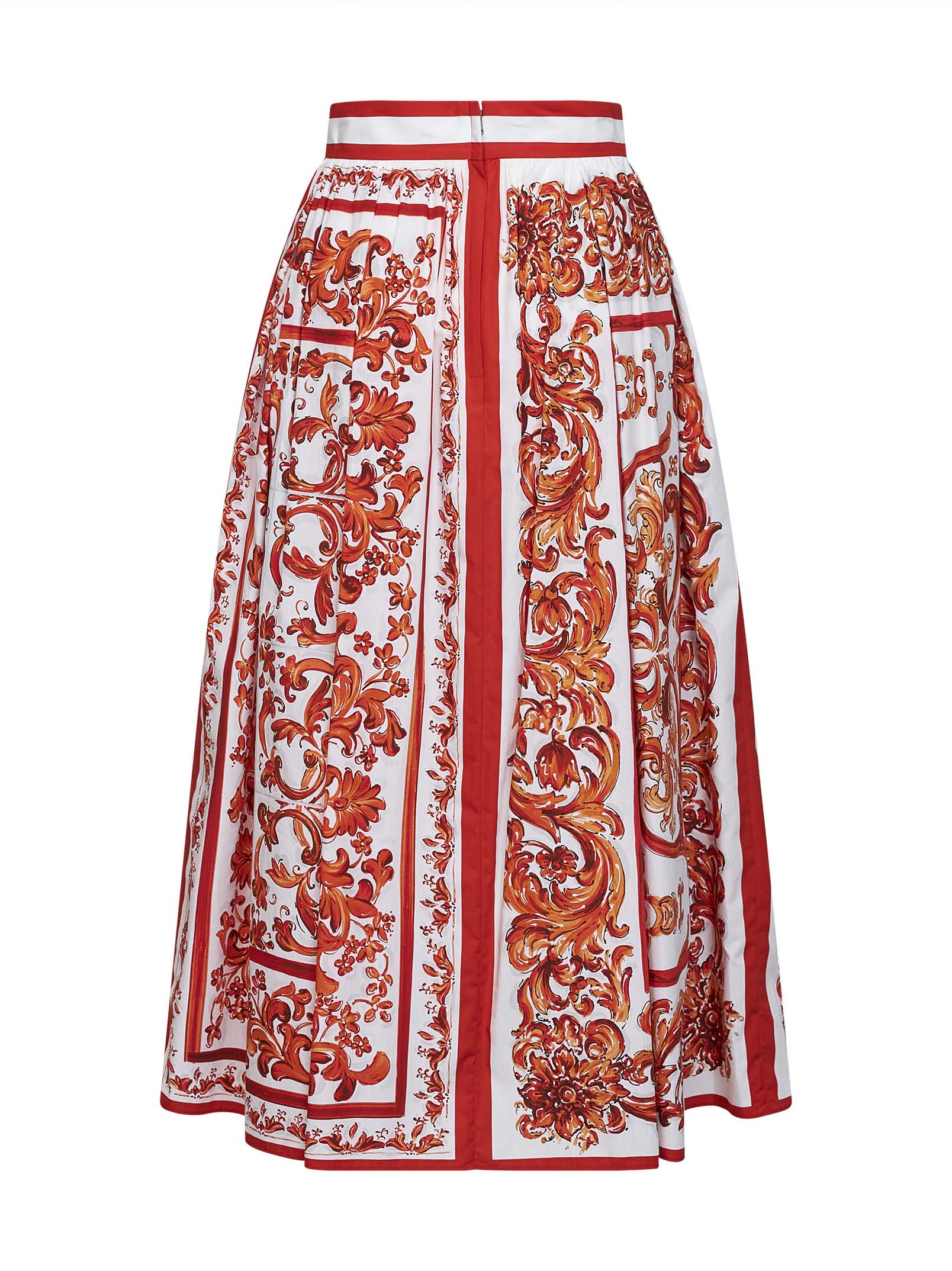 Dolce & Gabbana Women Orange Maiolica-Print Pleated Poplin Midi Skirt DOLCE & GABBANA