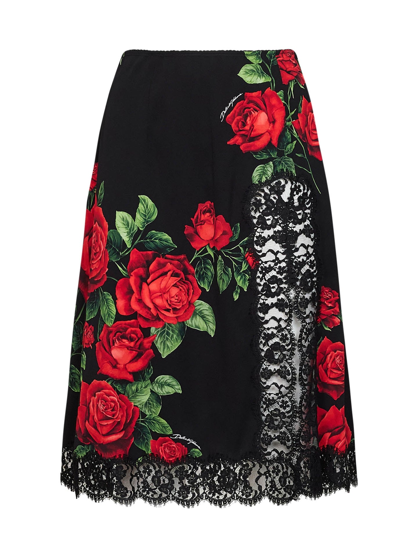 Dolce & Gabbana Women Black Rose-Print Silk-Blend And Black Flared Midi Skirt DOLCE & GABBANA