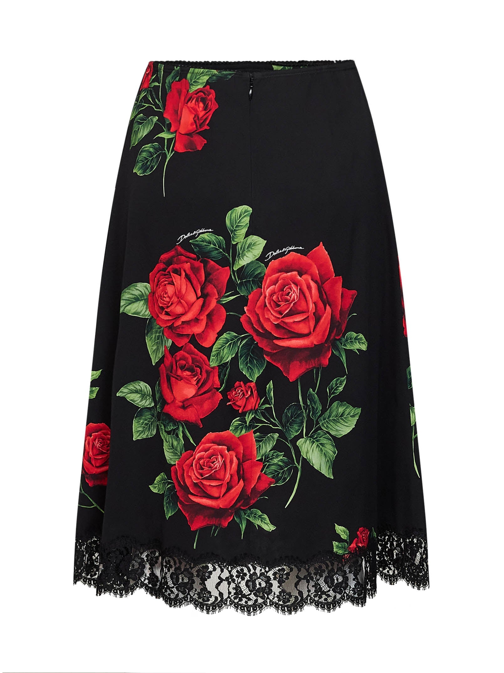 Dolce & Gabbana Women Black Rose-Print Silk-Blend And Black Flared Midi Skirt DOLCE & GABBANA