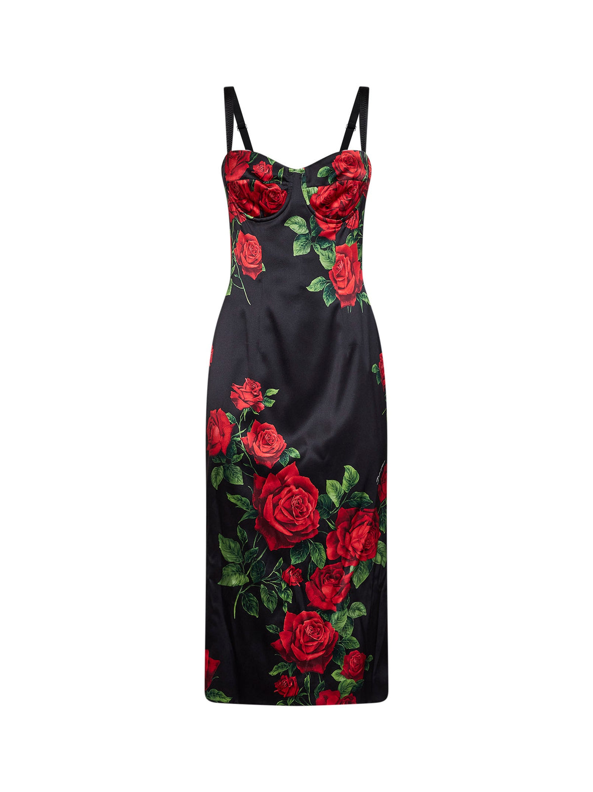 Dolce & Gabbana Women Black Rose-Print Stretch Satin Midi Bustier Dress DOLCE & GABBANA