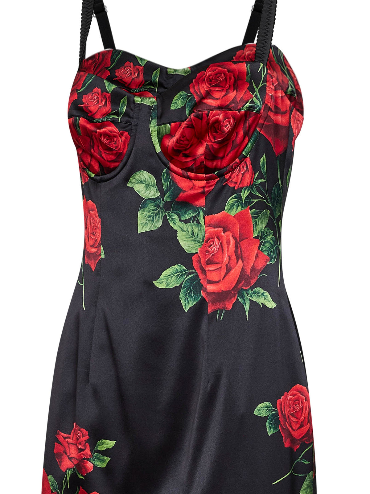 Dolce & Gabbana Women Black Rose-Print Stretch Satin Midi Bustier Dress DOLCE & GABBANA