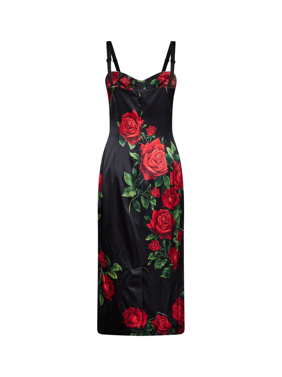 Dolce & Gabbana Women Black Rose-Print Stretch Satin Midi Bustier Dress DOLCE & GABBANA