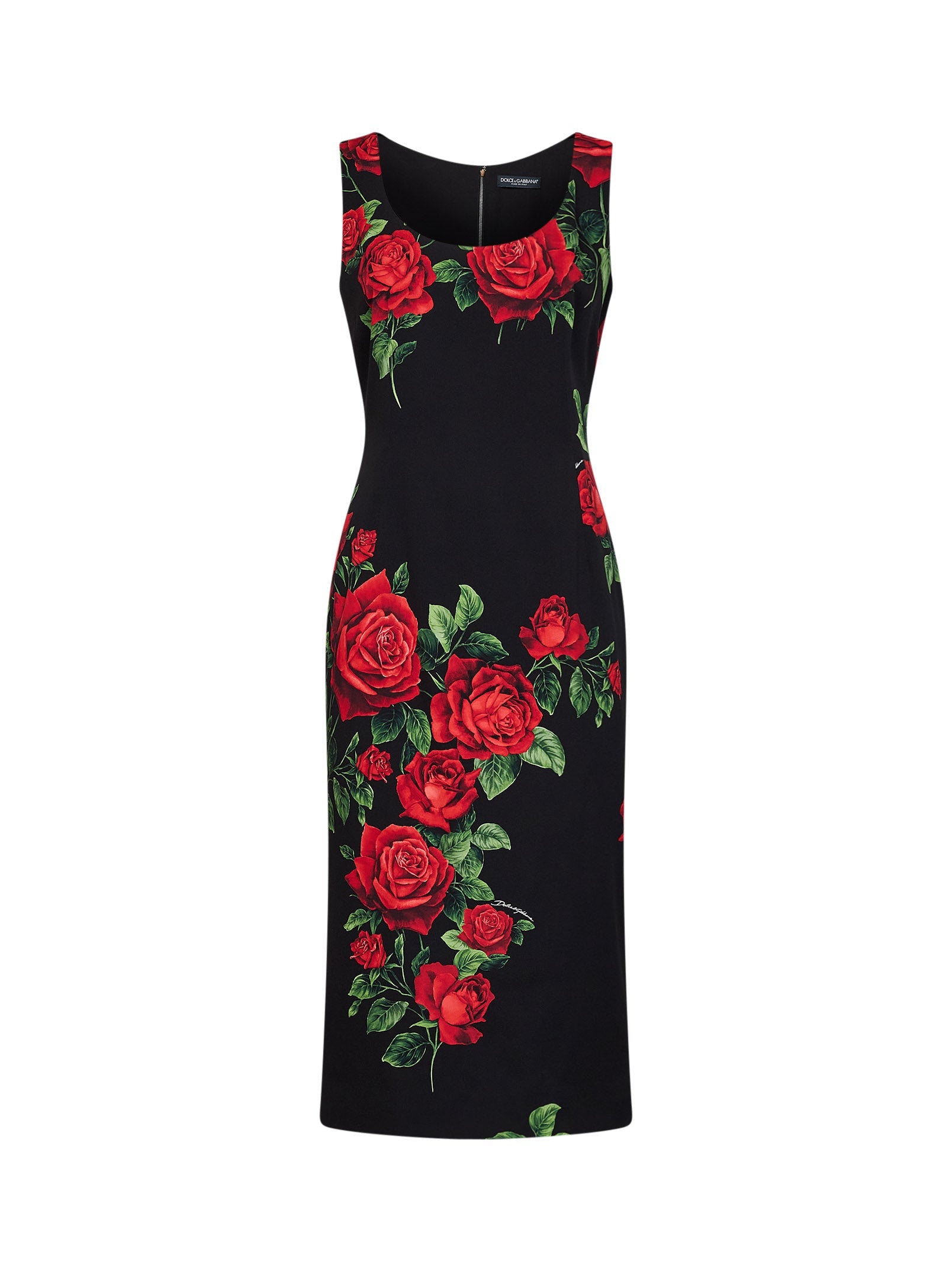 Dolce & Gabbana Women Black Rose-Print Stretch Charmeuse Midi Sheath Dress DOLCE & GABBANA