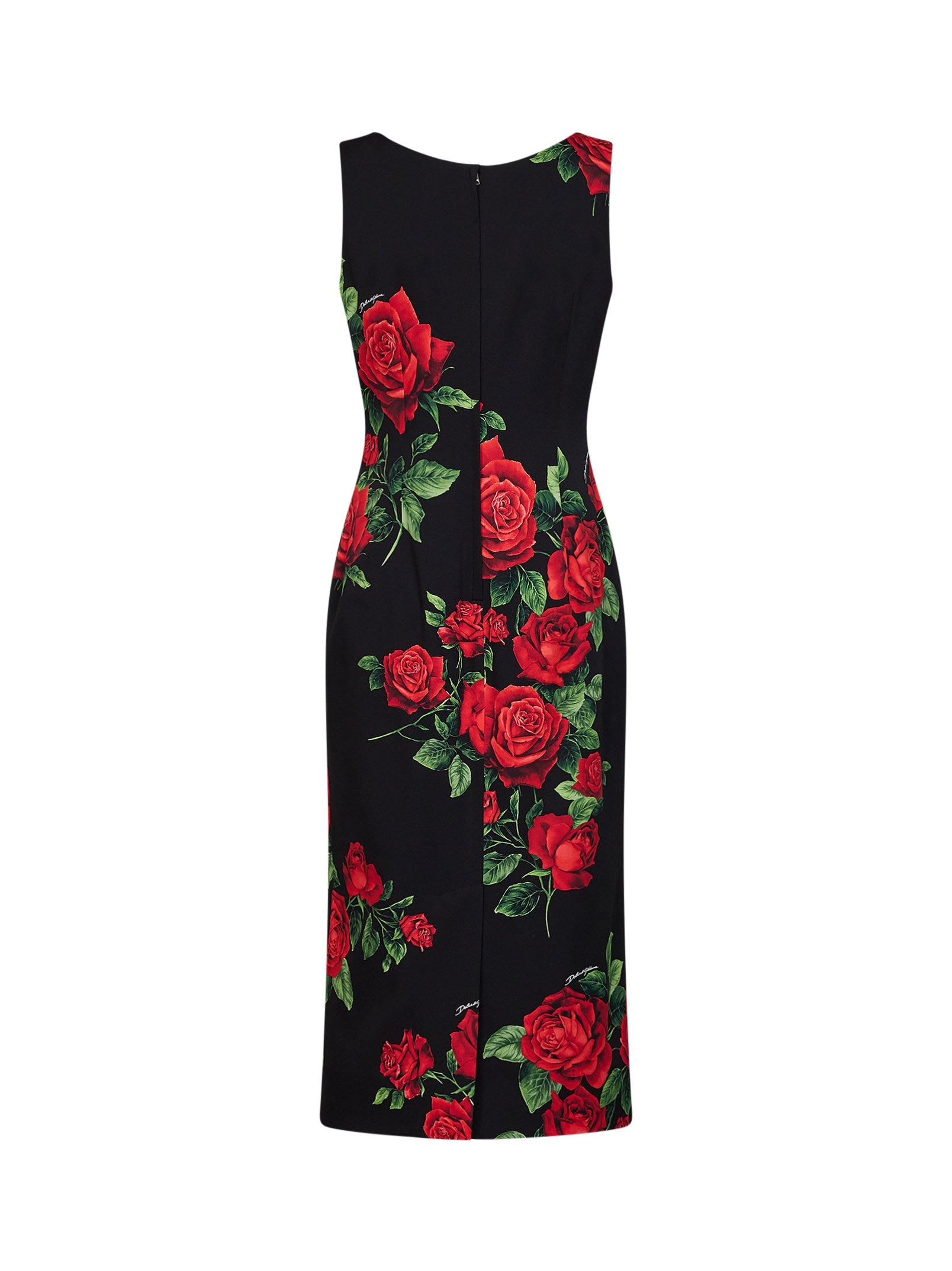 Dolce & Gabbana Women Black Rose-Print Stretch Charmeuse Midi Sheath Dress DOLCE & GABBANA