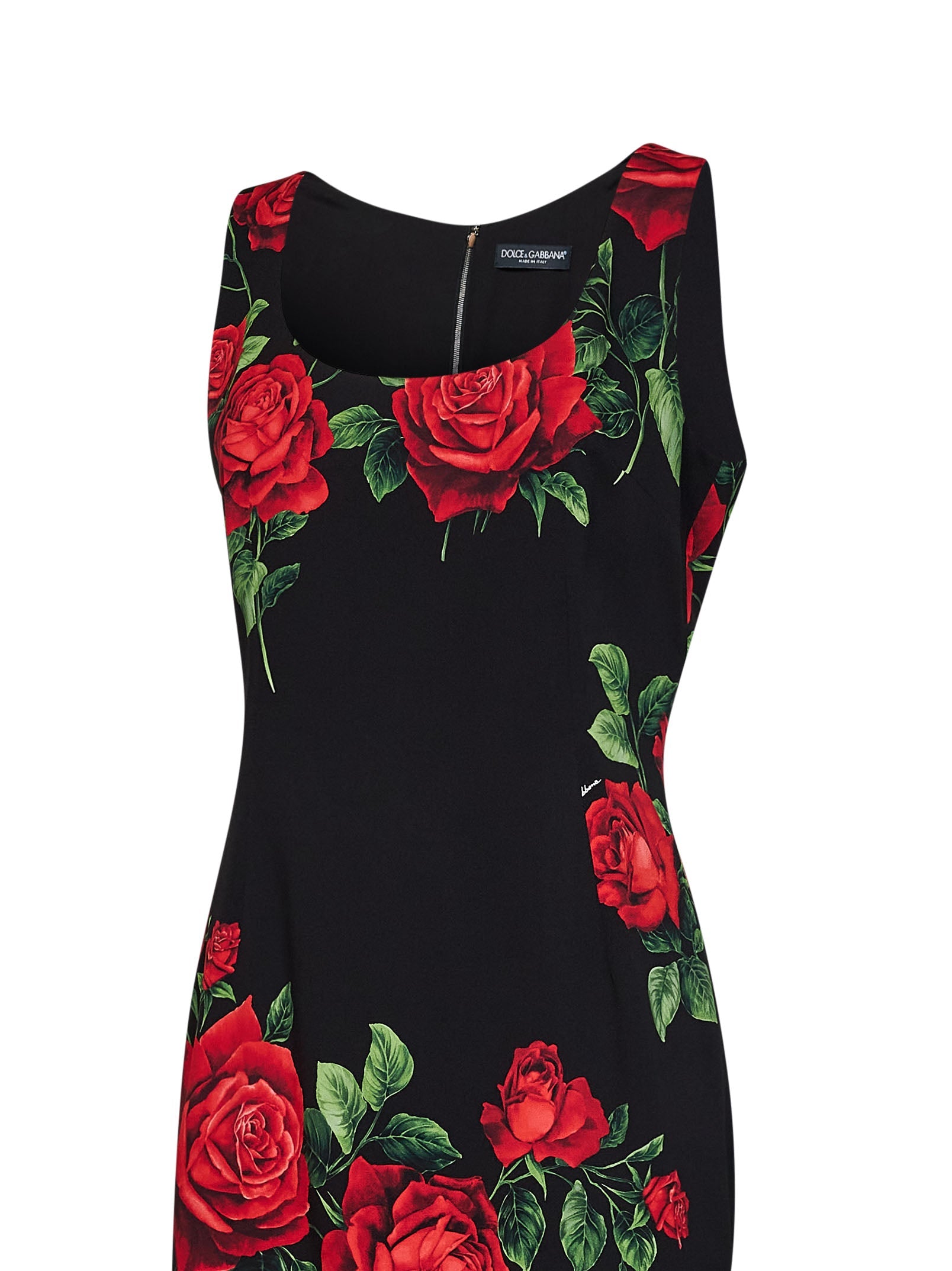 Dolce & Gabbana Women Black Rose-Print Stretch Charmeuse Midi Sheath Dress DOLCE & GABBANA