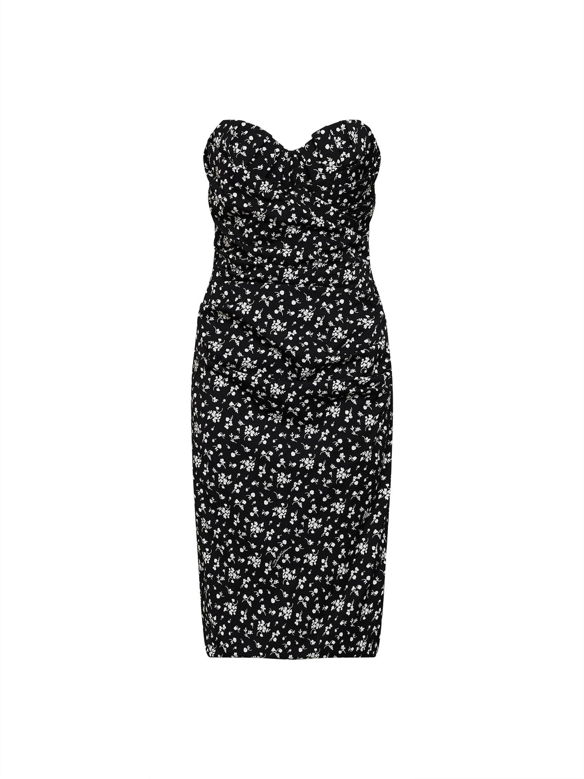 Dolce & Gabbana Women Black Fiorellini-Print Charmeuse Midi Bustier Dress DOLCE & GABBANA