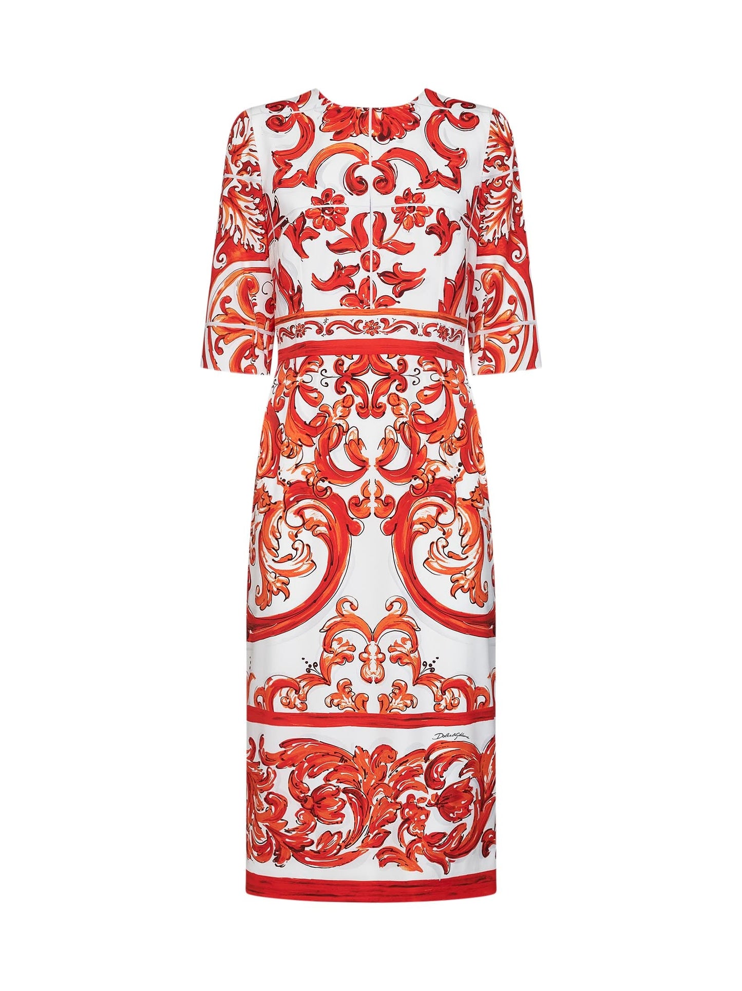 Dolce & Gabbana Women Orange Maiolica-Print Stretch Silk Charmeuse Midi Dress DOLCE & GABBANA
