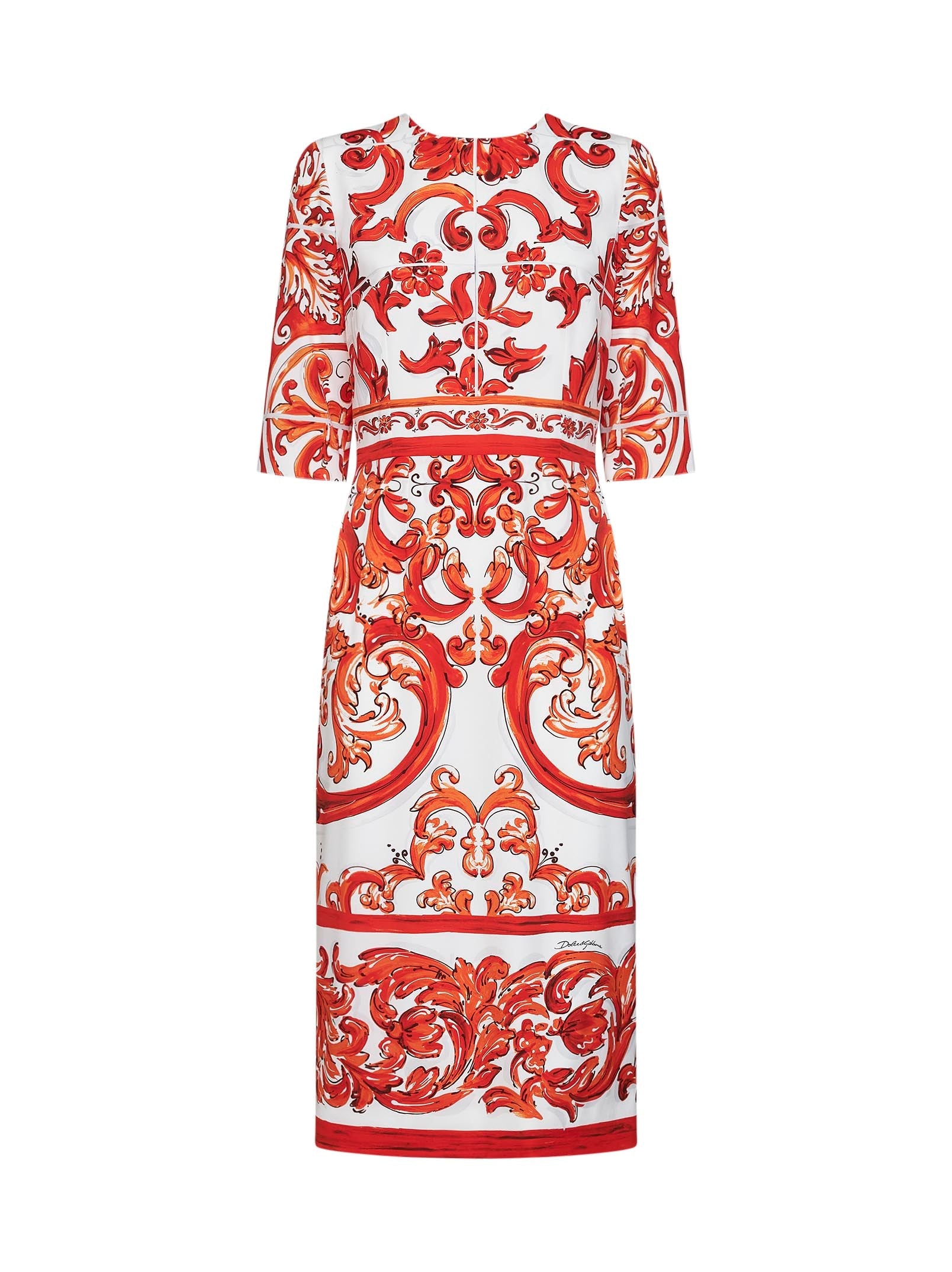 Dolce & Gabbana Women Orange Maiolica-Print Stretch Silk Charmeuse Midi Dress DOLCE & GABBANA