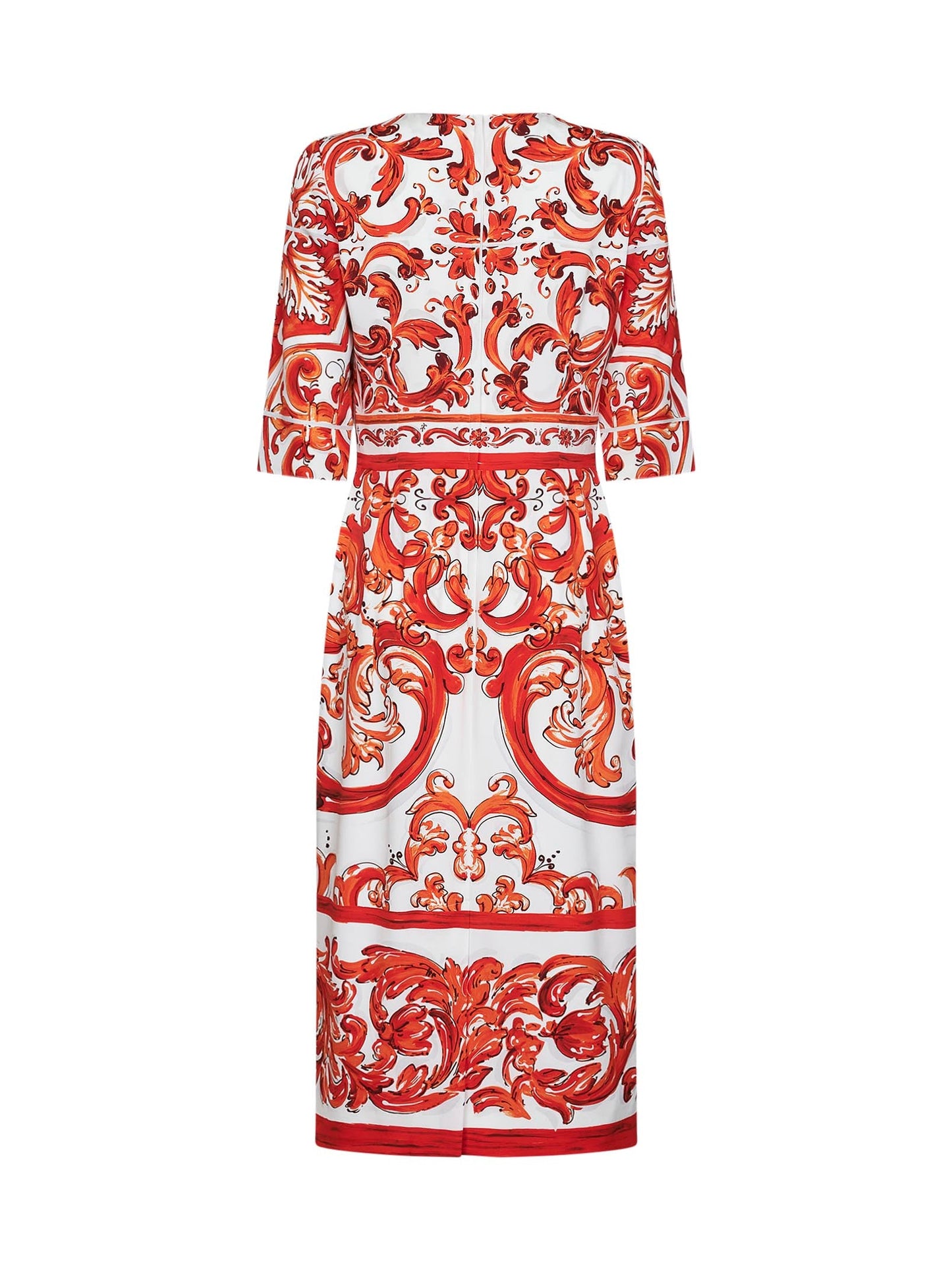 Dolce & Gabbana Women Orange Maiolica-Print Stretch Silk Charmeuse Midi Dress DOLCE & GABBANA