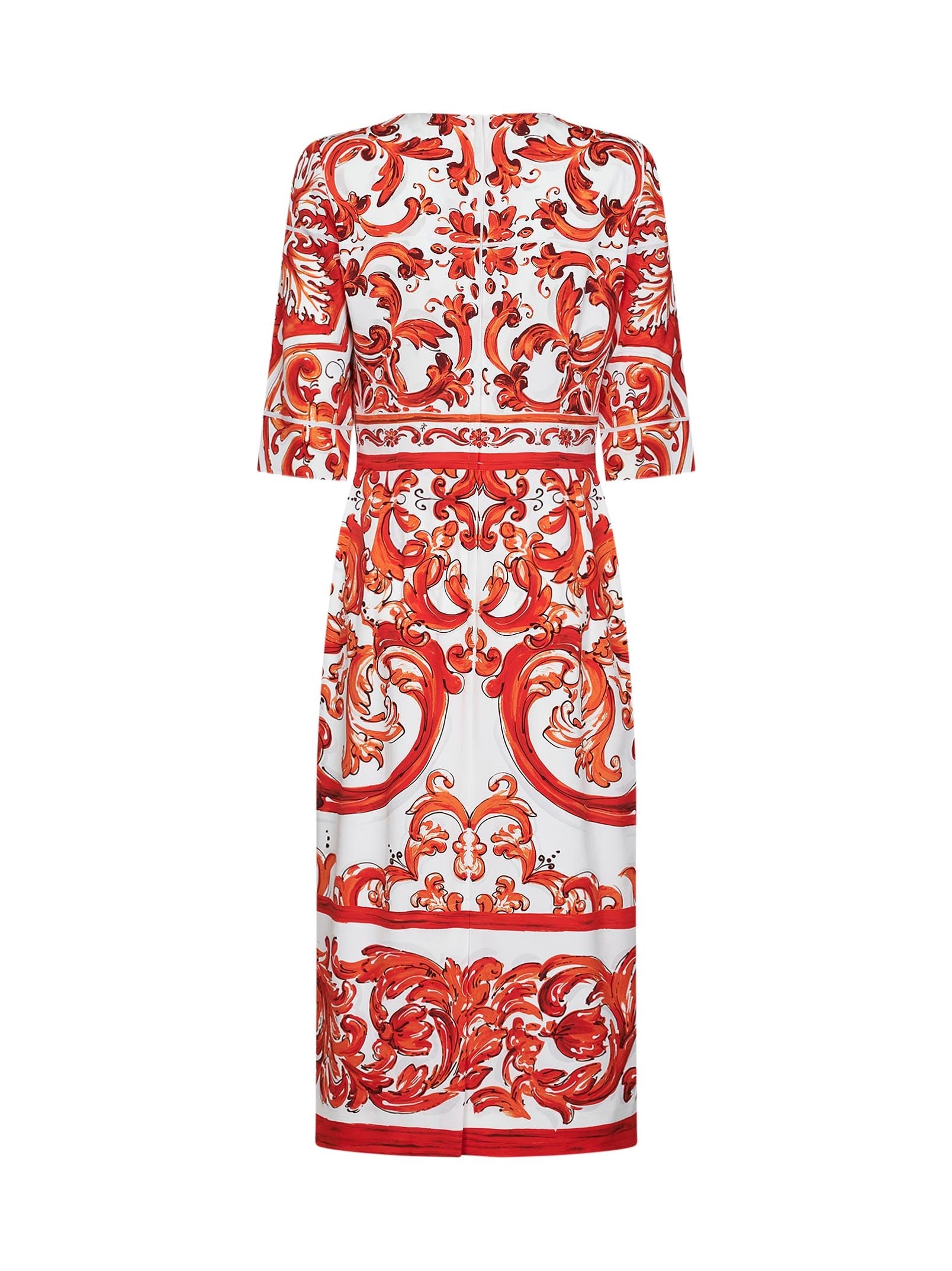 Dolce & Gabbana Women Orange Maiolica-Print Stretch Silk Charmeuse Midi Dress DOLCE & GABBANA