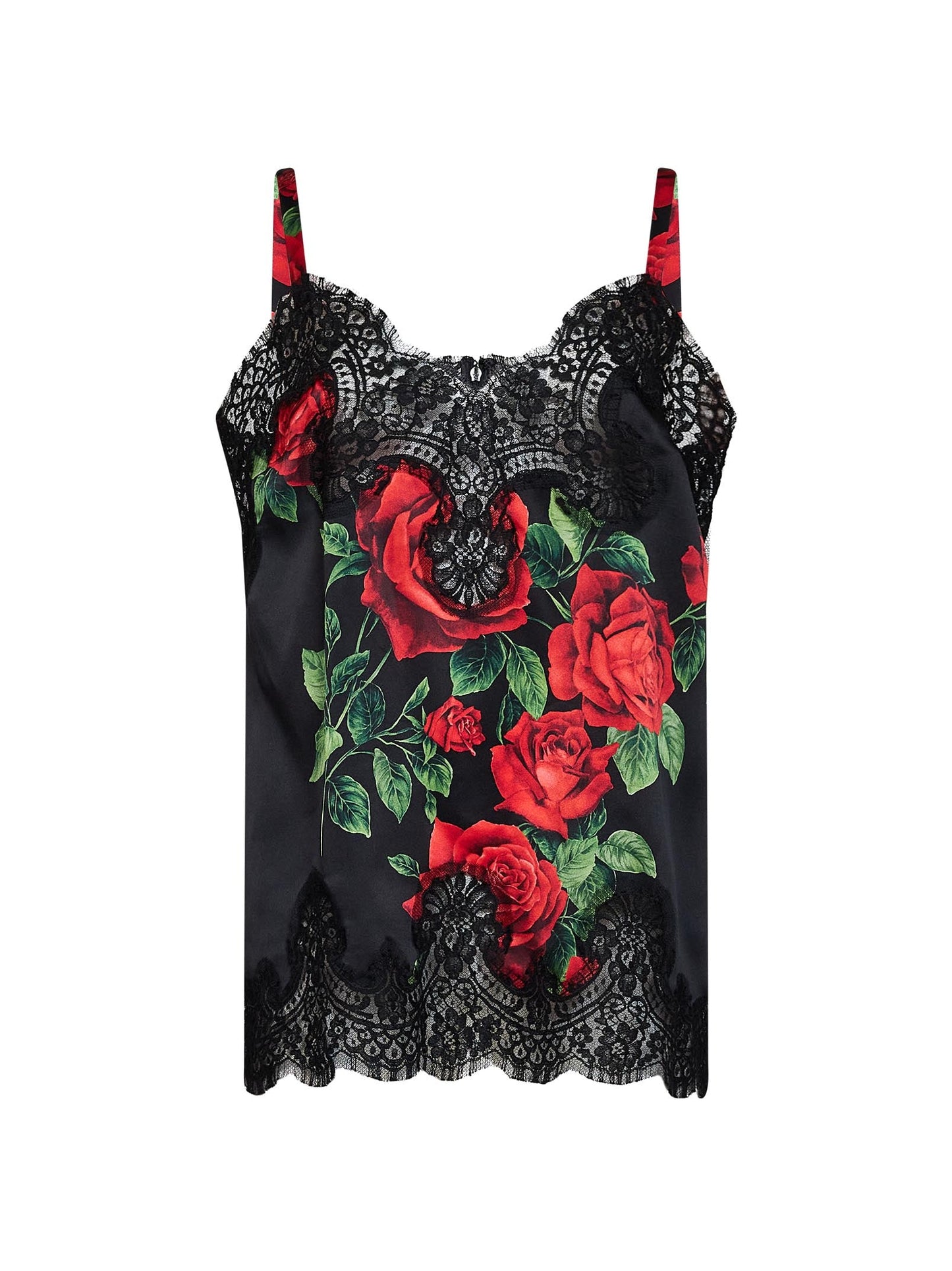 Dolce & Gabbana Women Black Rose-Print Silk Satin Top With Lace DOLCE & GABBANA