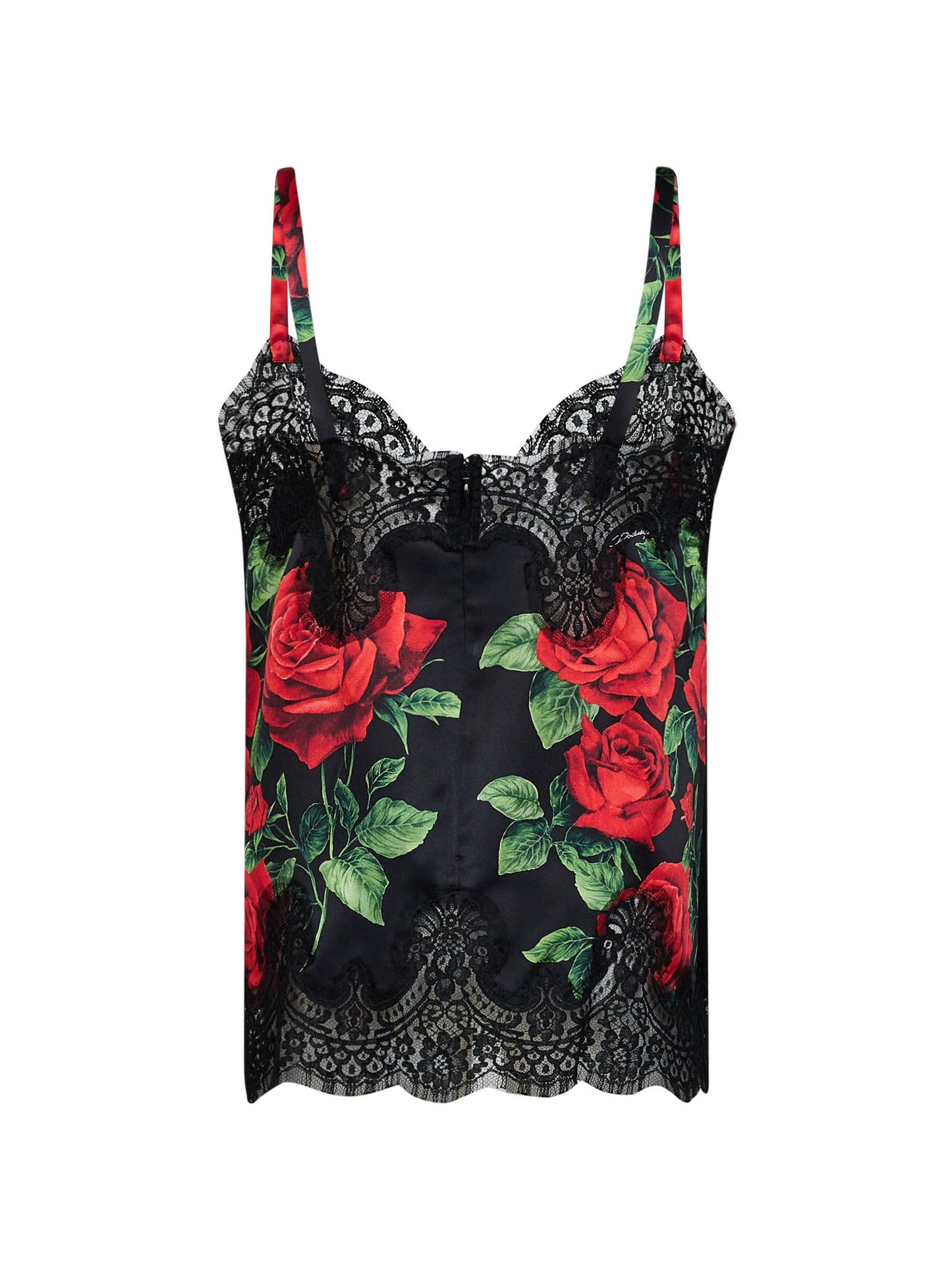 Dolce & Gabbana Women Black Rose-Print Silk Satin Top With Lace DOLCE & GABBANA