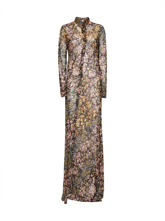 Dries Van Noten Women Aubergine Mini Floral Patchwork-Print Jacquard Dalima Long Shirt Dress DRIES VAN NOTEN