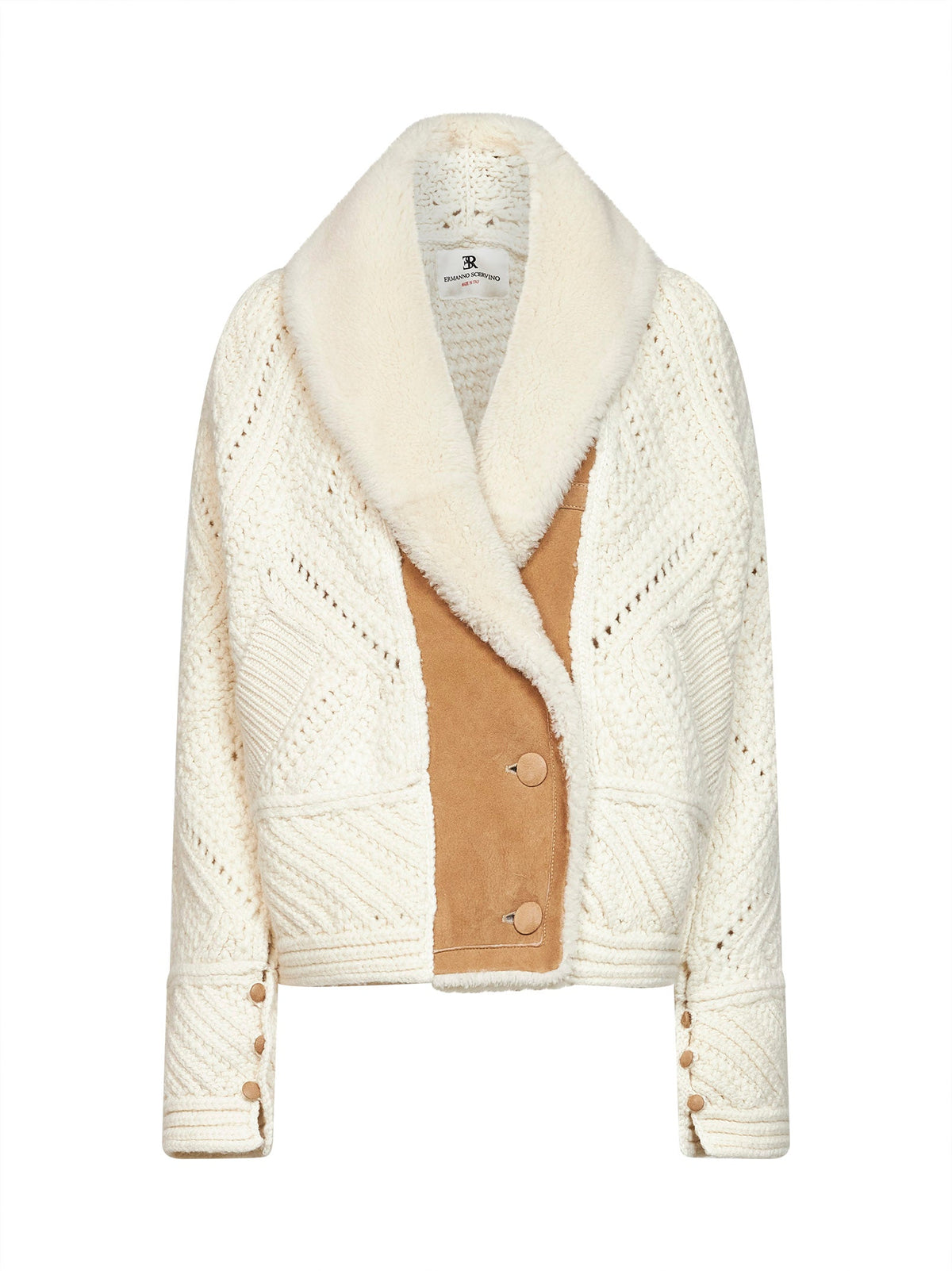 Ermanno Scervino Women Ivory Knit Wool Jacket With Suede Inserts ERMANO SCERVINO
