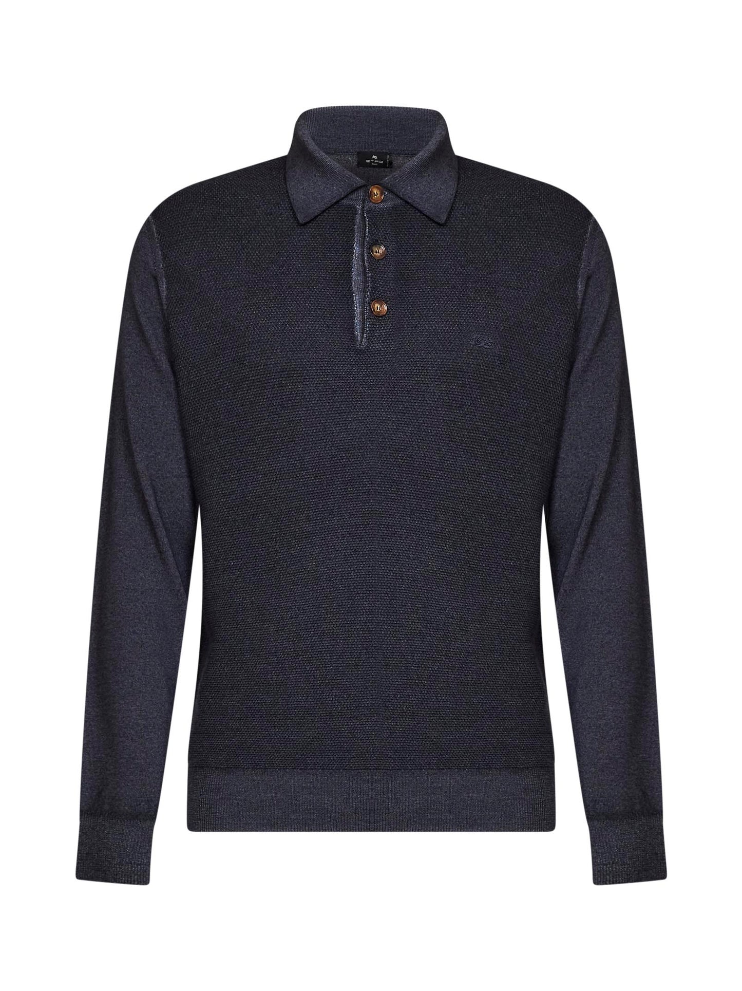 Etro Men Indigo Two-Tone Wool Knit Logo-Embroidered Polo Shirt ETRO
