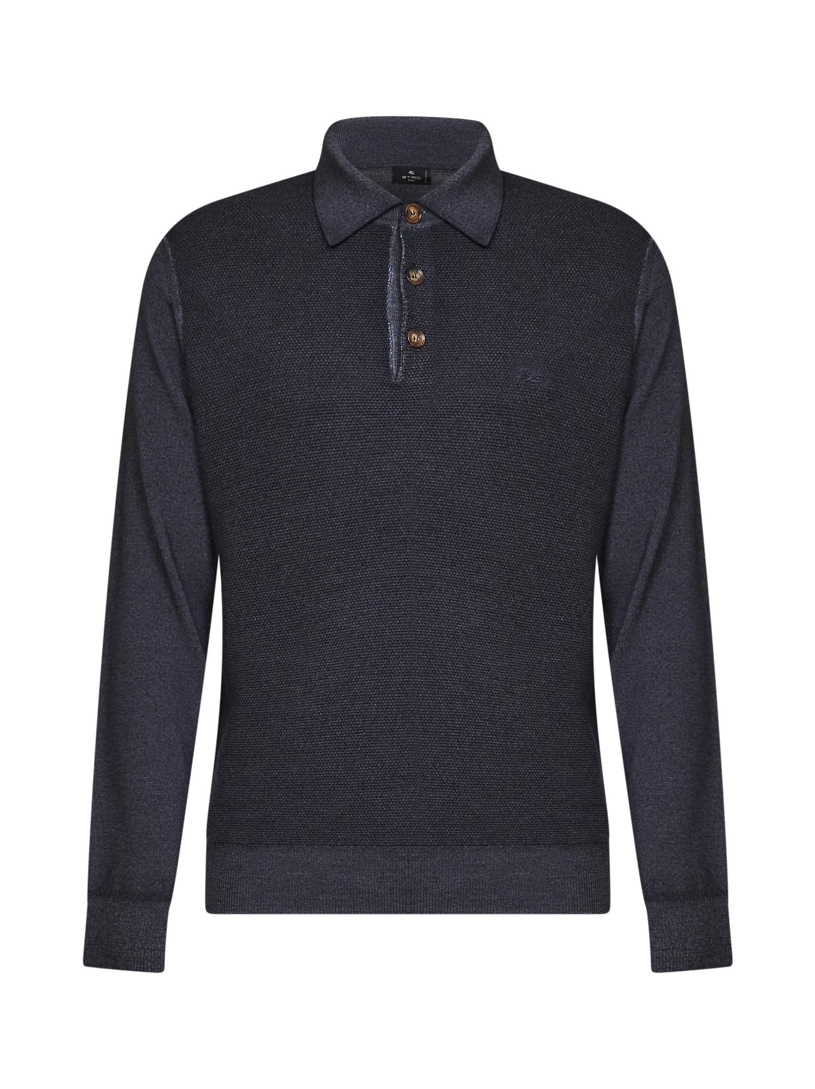 Etro Men Indigo Two-Tone Wool Knit Logo-Embroidered Polo Shirt ETRO