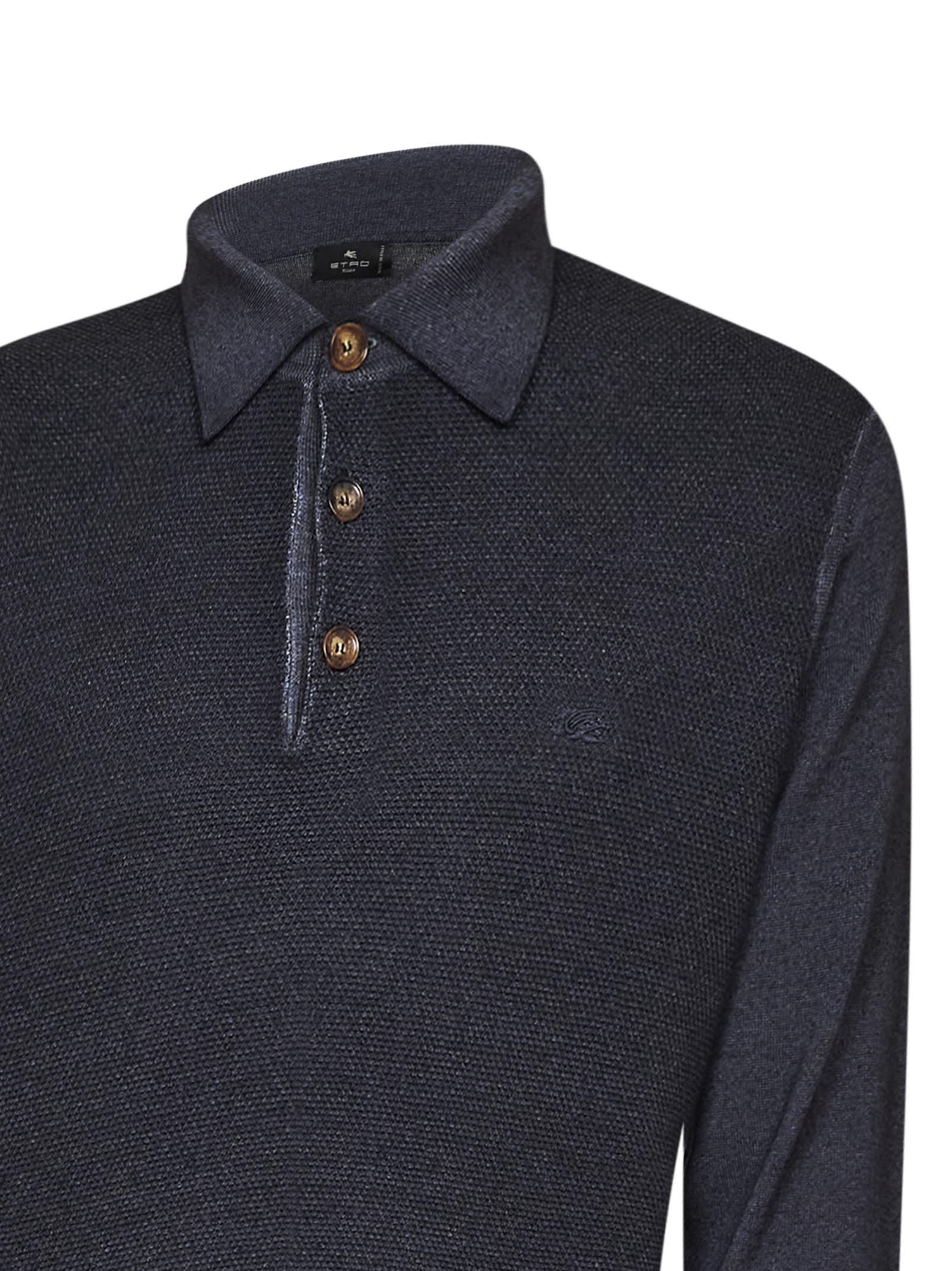 Etro Men Indigo Two-Tone Wool Knit Logo-Embroidered Polo Shirt ETRO