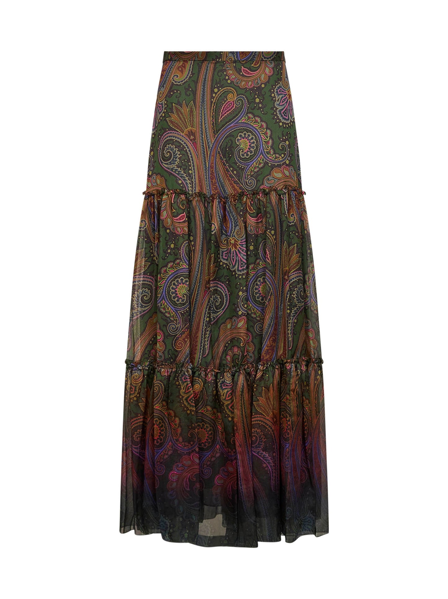 Etro Women Green Paisley-Printed Silk Chiffon Tiered Maxi Skirt ETRO