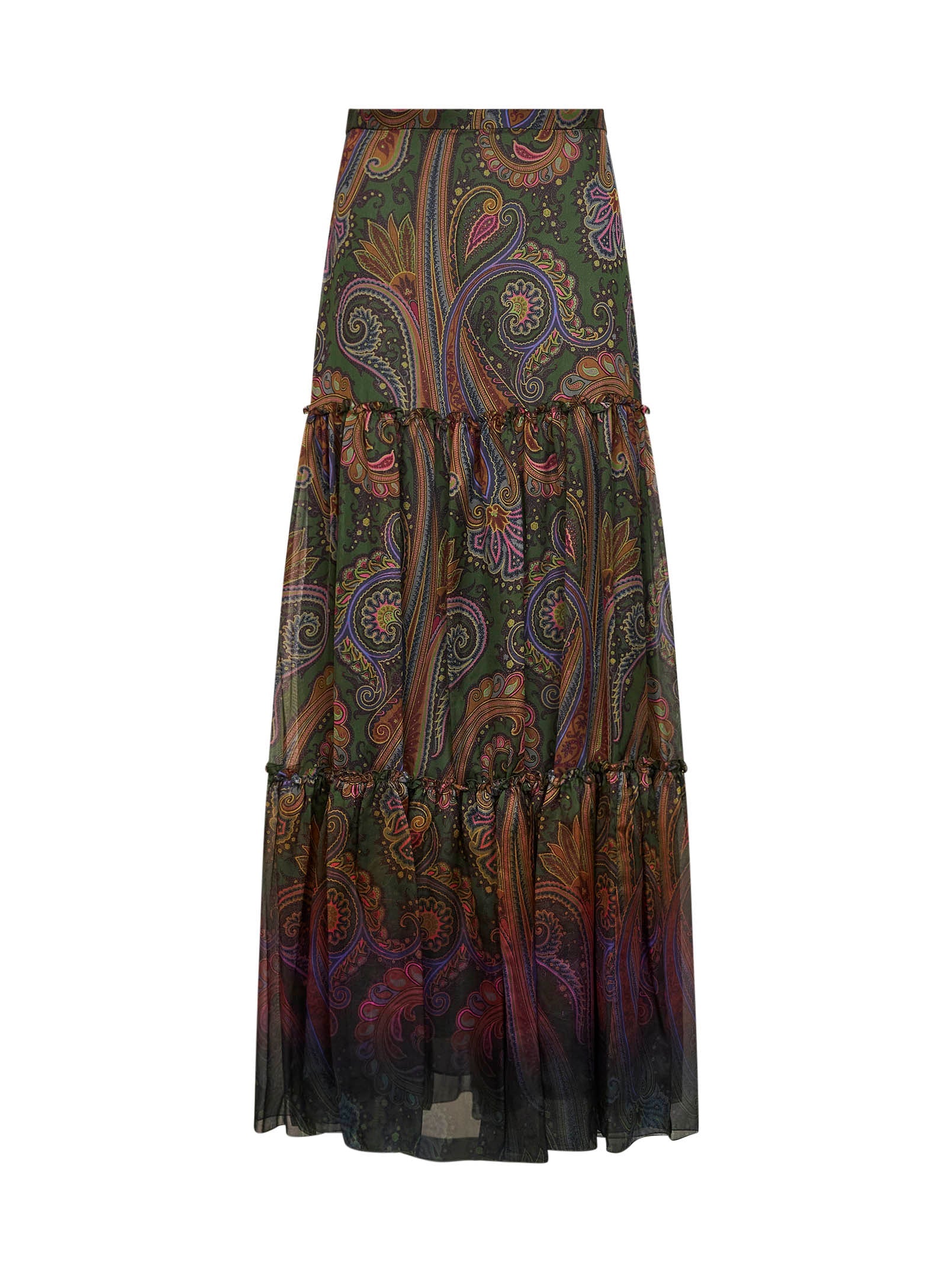 Etro Women Green Paisley-Printed Silk Chiffon Tiered Maxi Skirt ETRO