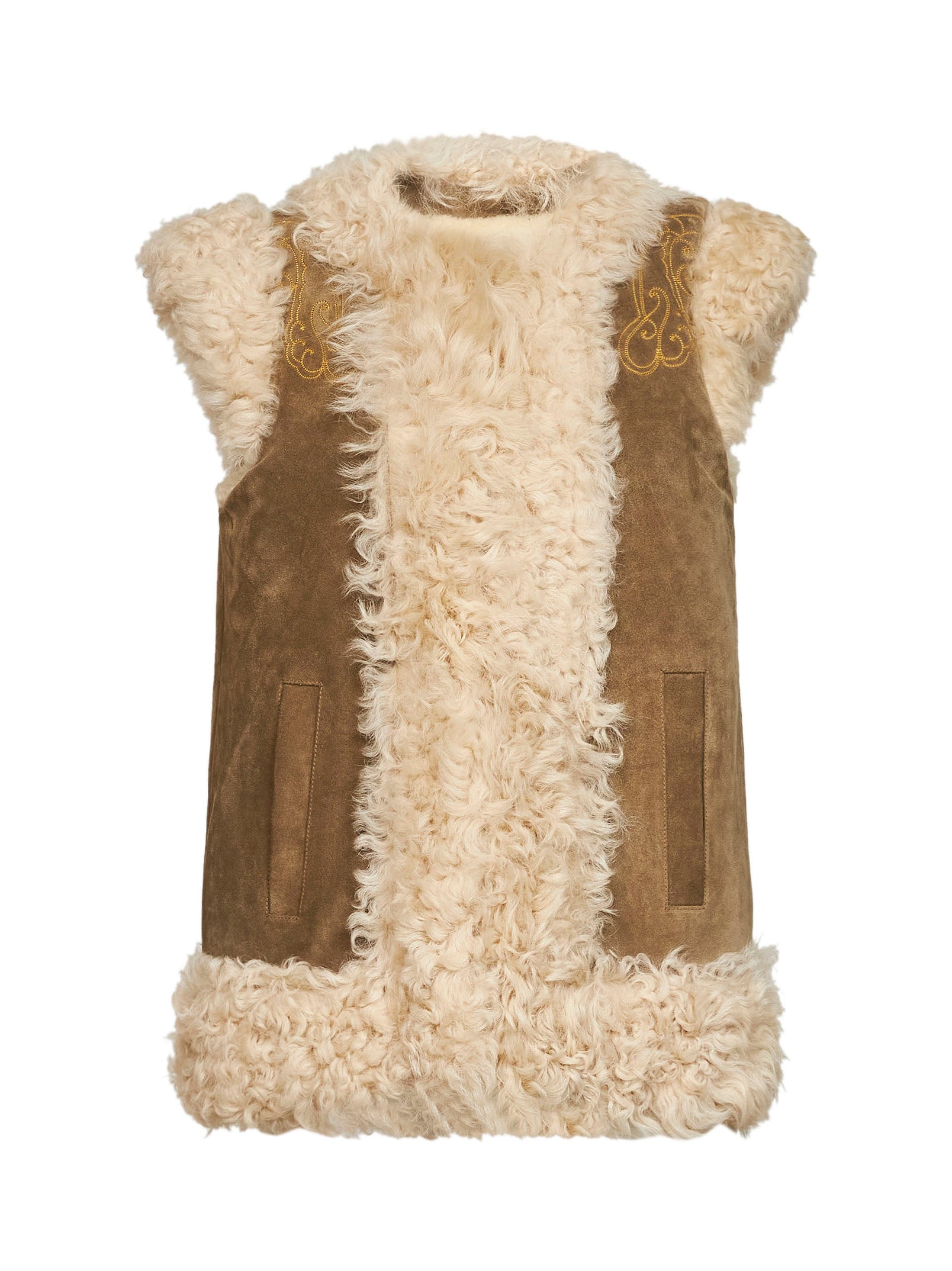 Etro Women Camel Shearling Vest With Peacock Embroidery ETRO