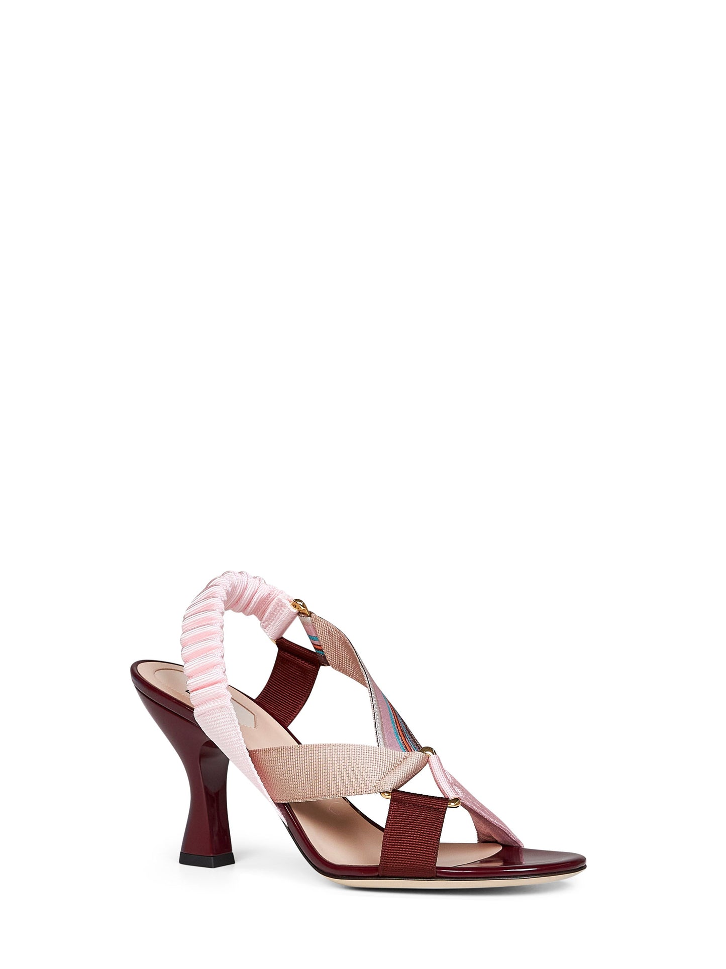 Fendi Women Burgundy Leather And Multicolor Fabric Colibrì Iconic Sandals FENDI