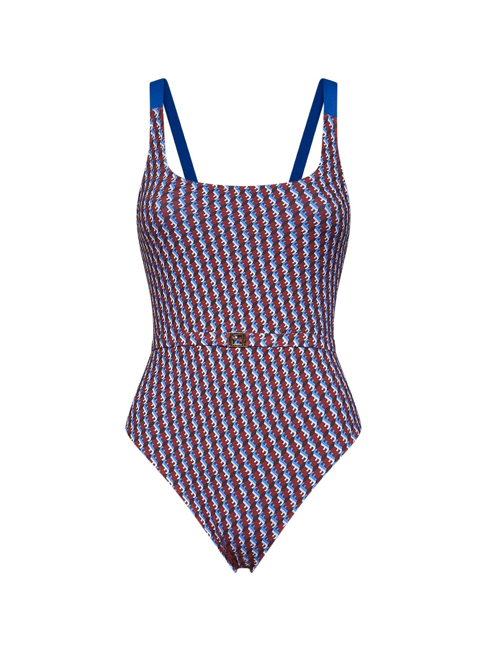 Fendi Women Red And Blue Ff Lycra Belted One-Piece Swimsuit FENDI