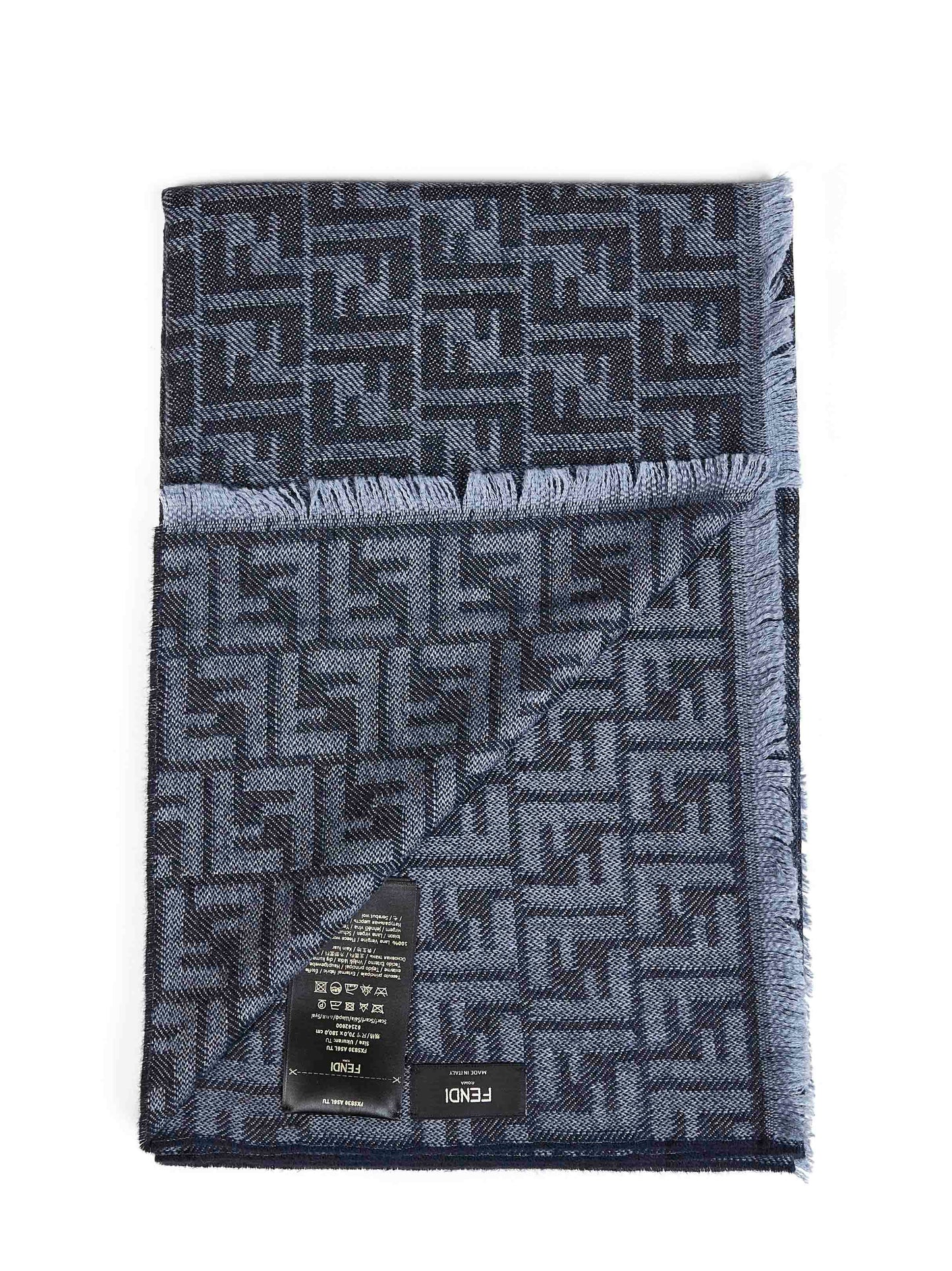 Fendi Silk Men Denim Blue Wool Ff Scarf FENDI