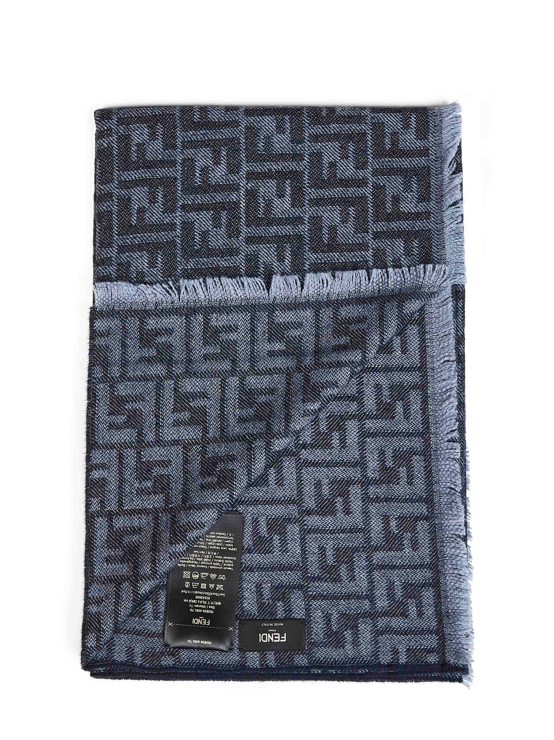Fendi Silk Men Denim Blue Wool Ff Scarf FENDI