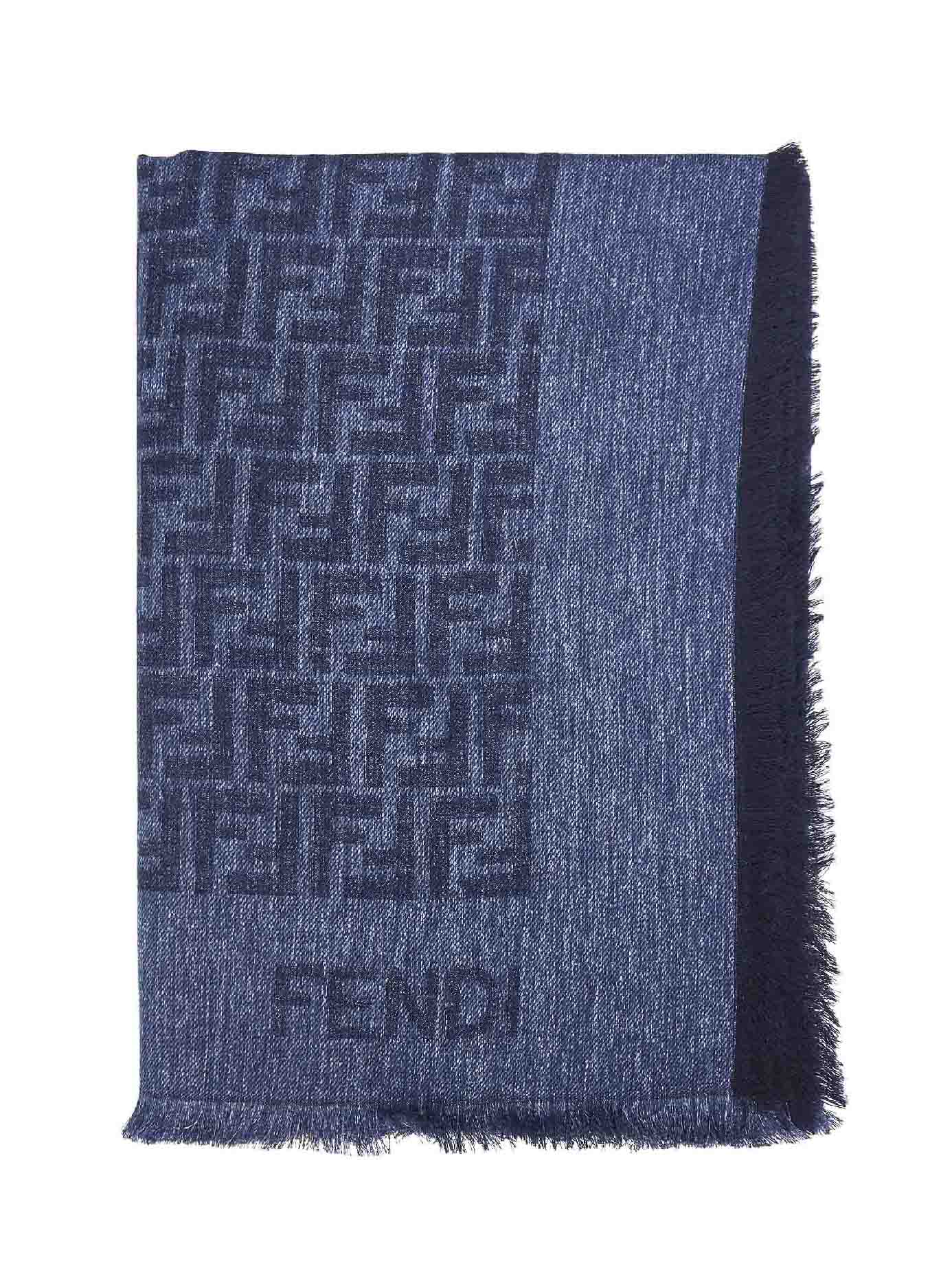 Fendi Silk Women Denim Blue Cotton And Wool Ff Shawl FENDI