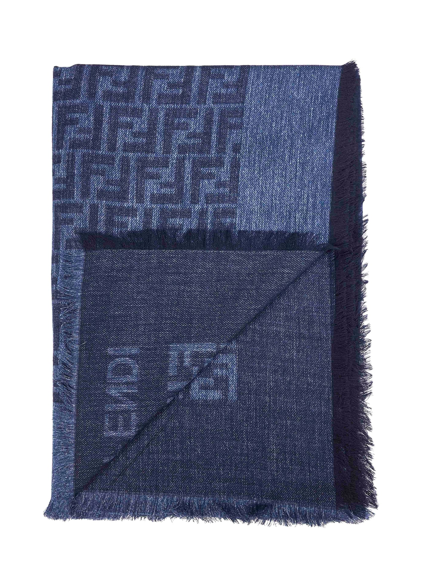 Fendi Silk Women Denim Blue Cotton And Wool Ff Shawl FENDI
