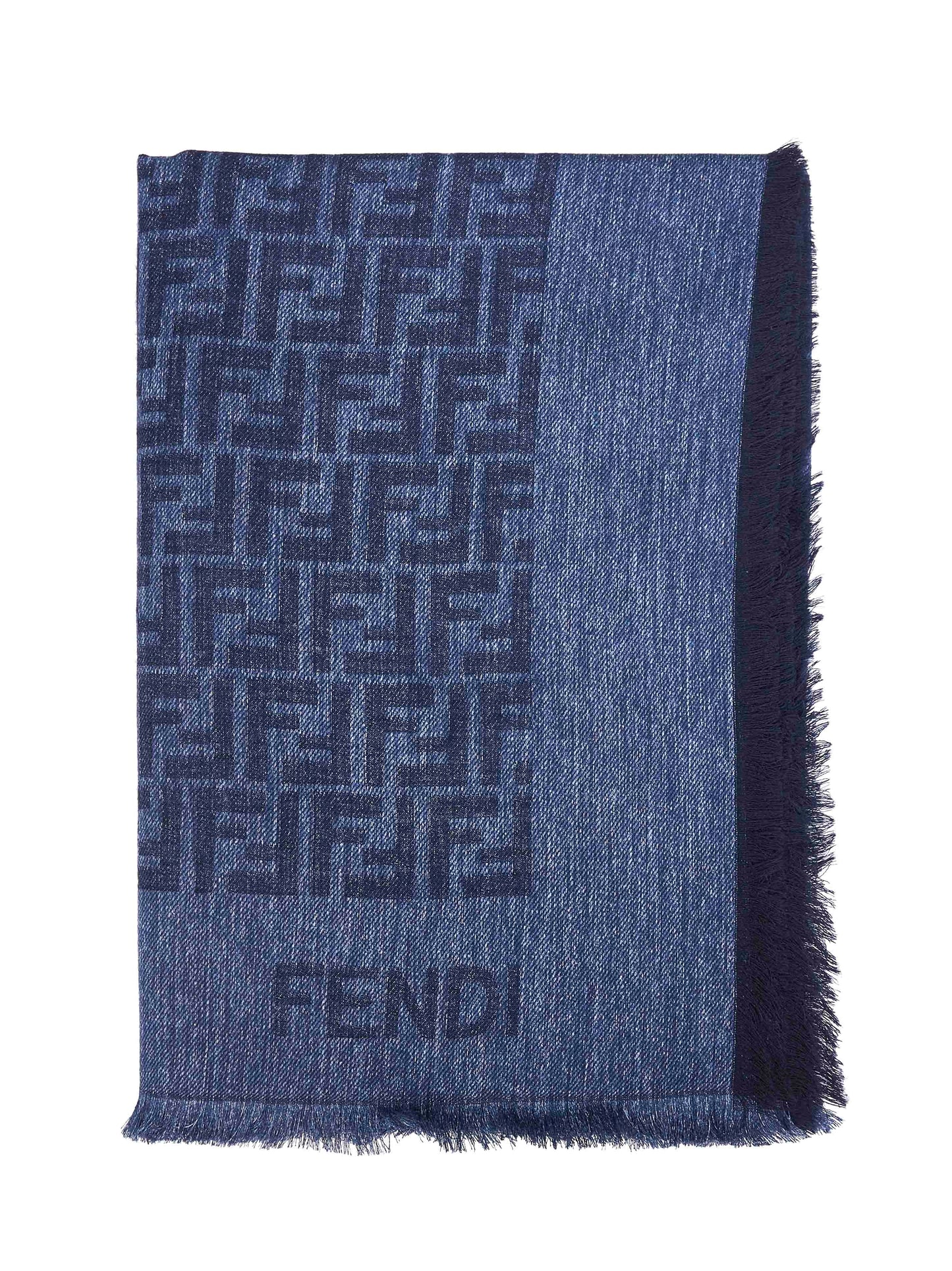 Fendi Silk Women Denim Blue Cotton And Wool Ff Shawl FENDI
