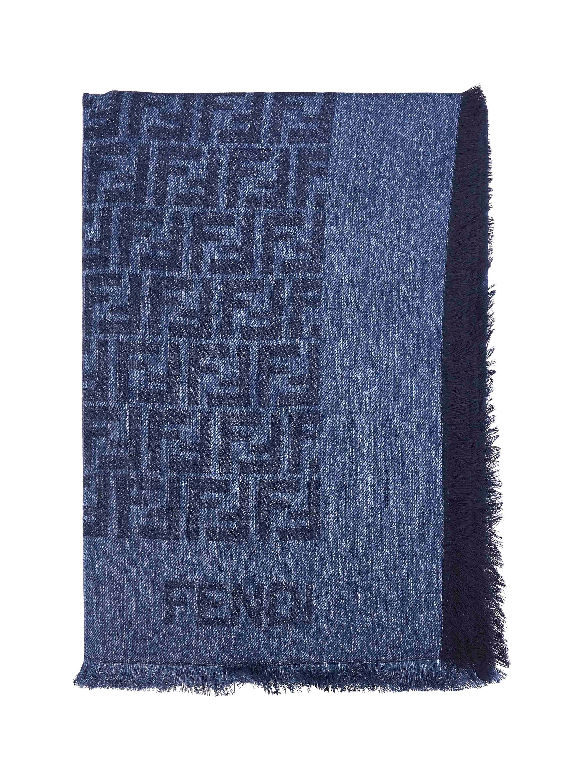 Fendi Silk Women Denim Blue Cotton And Wool Ff Shawl FENDI