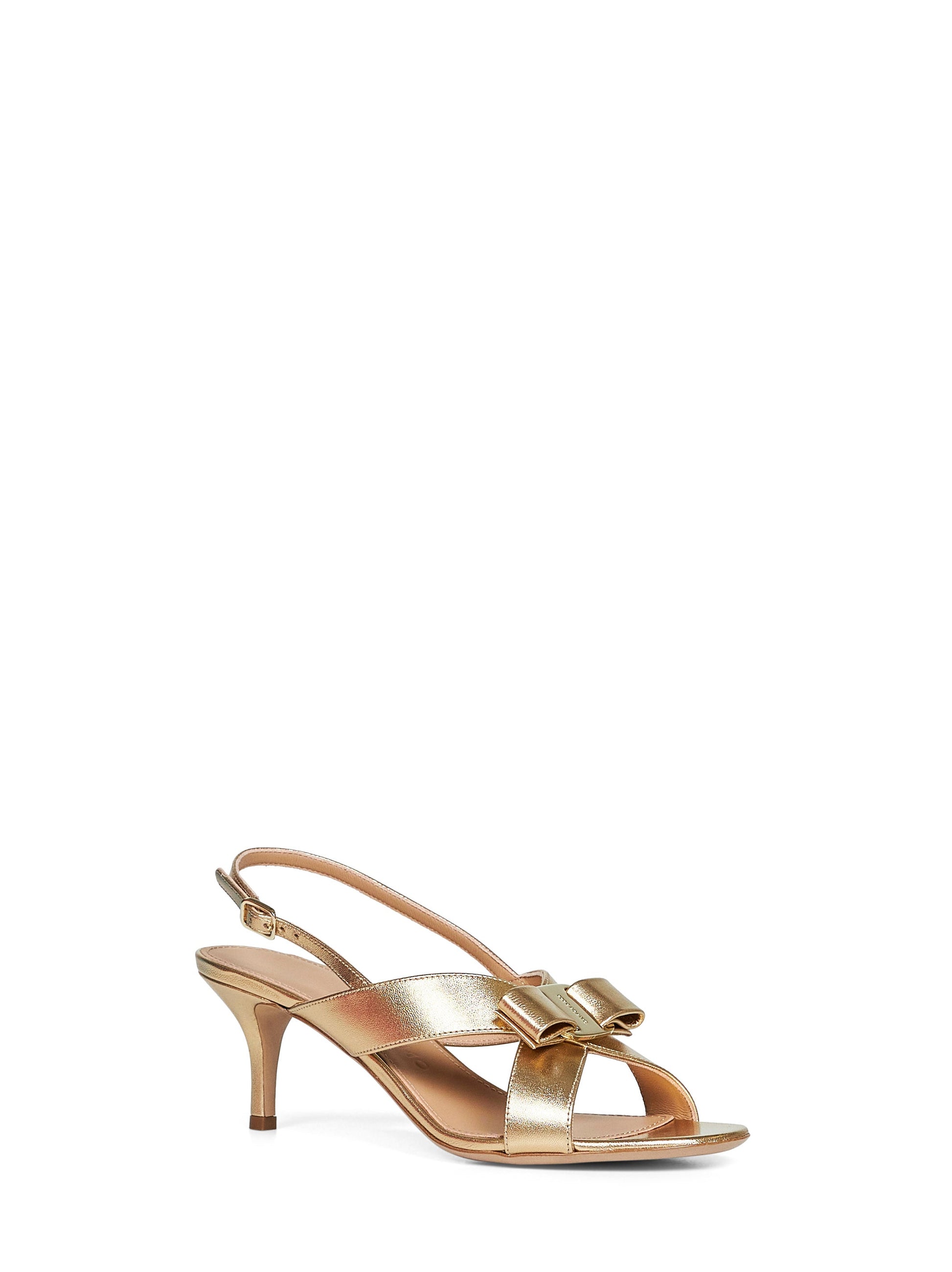 Ferragamo Women Gold Laminated Nappa Leather Rima Vara Bow Sandals FERRAGAMO