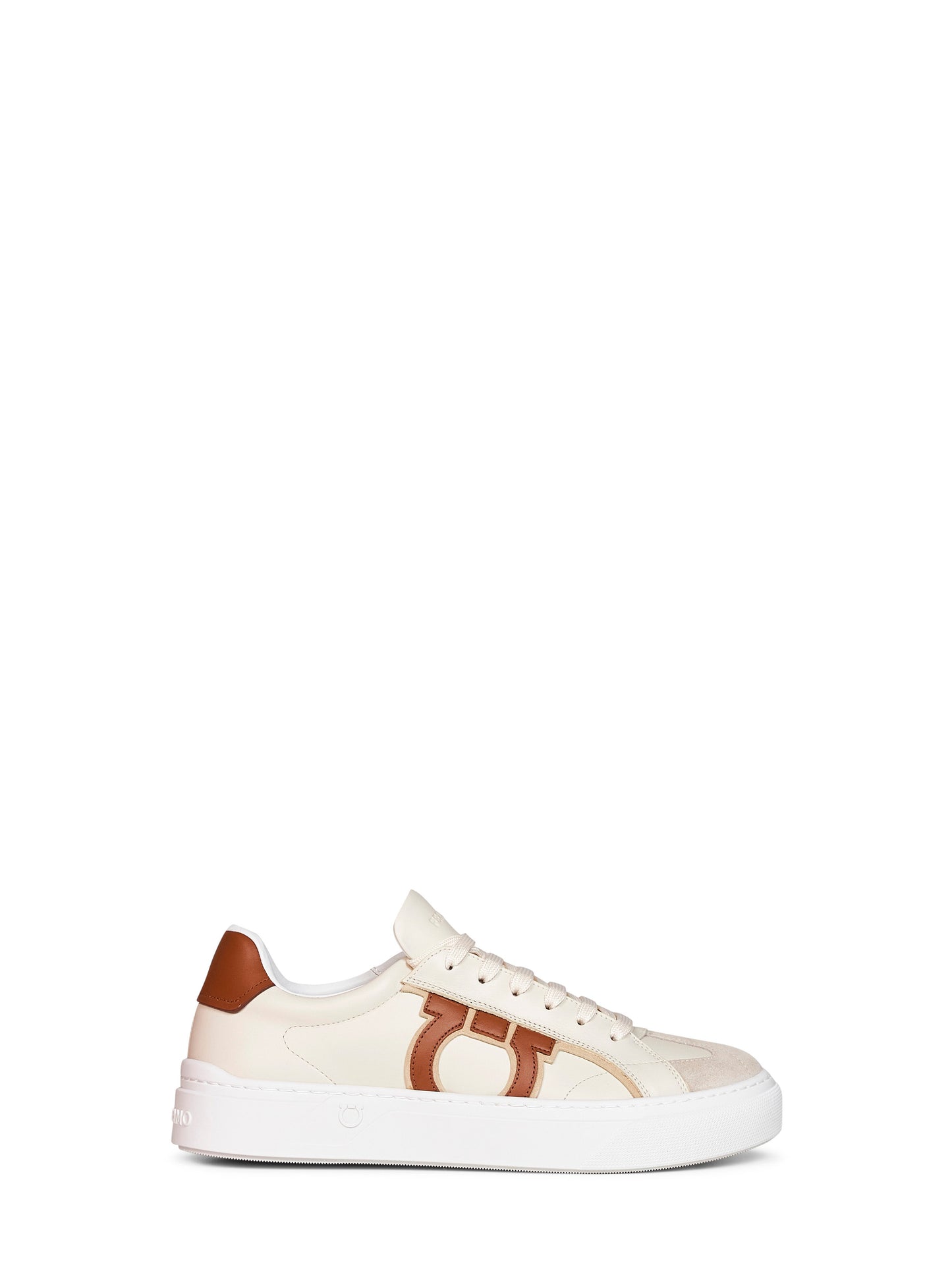 Ferragamo Men Sand And Mascarpone Cream Calf Leather Gancini Sneakers FERRAGAMO