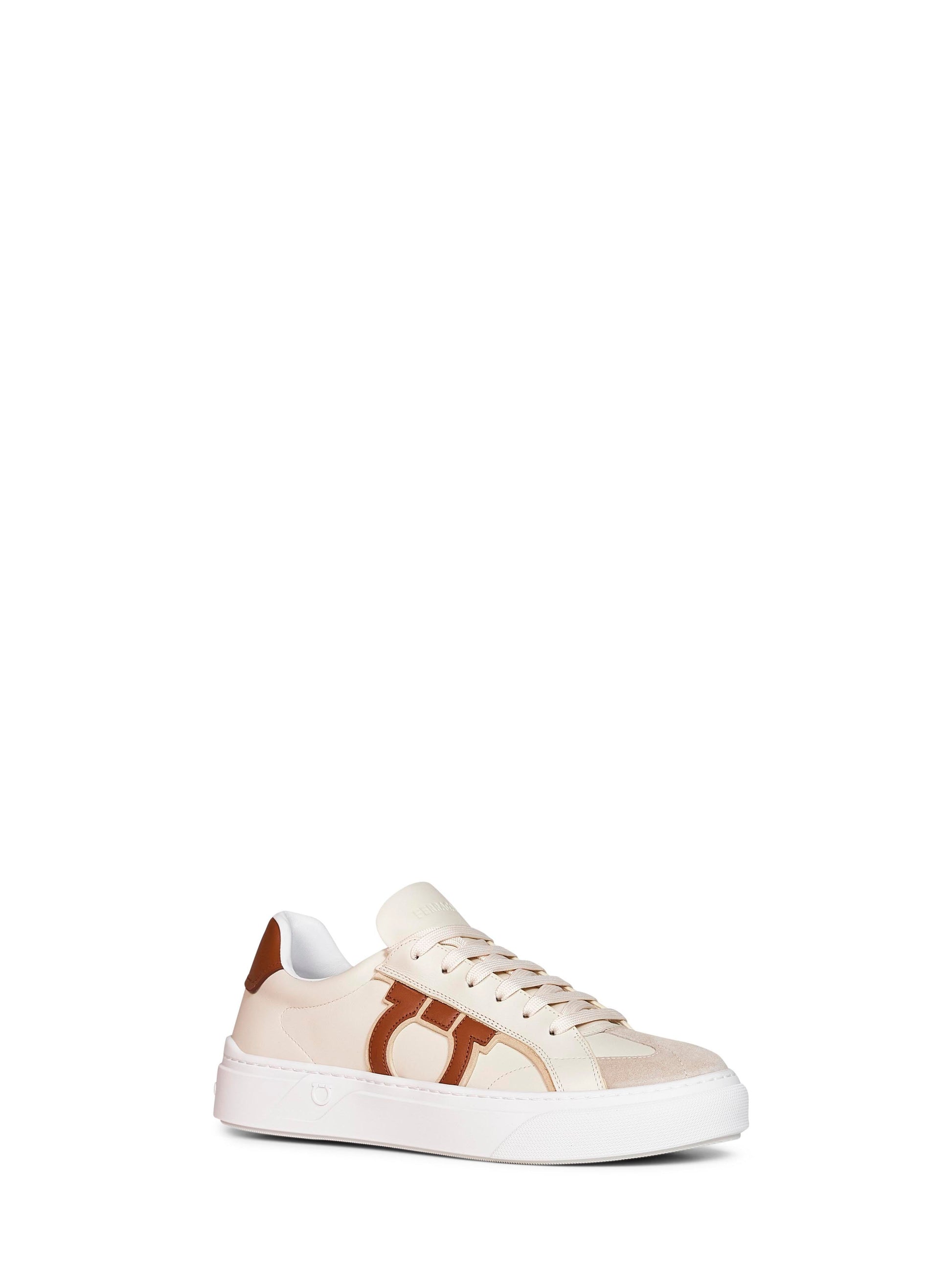Ferragamo Men Sand And Mascarpone Cream Calf Leather Gancini Sneakers FERRAGAMO