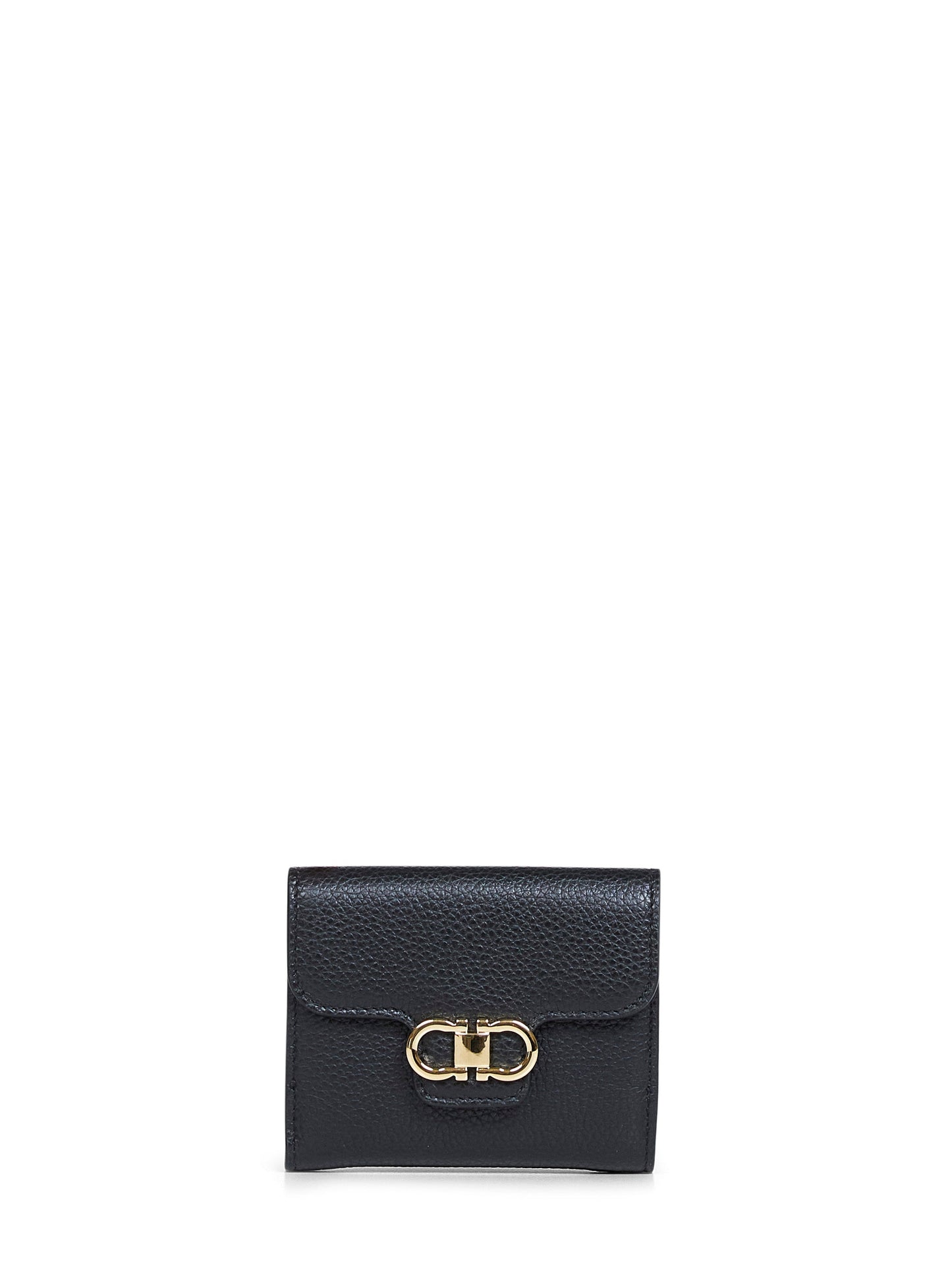 Ferragamo Women Black Hammered Calfskin Leather Gancini Compact Wallet FERRAGAMO