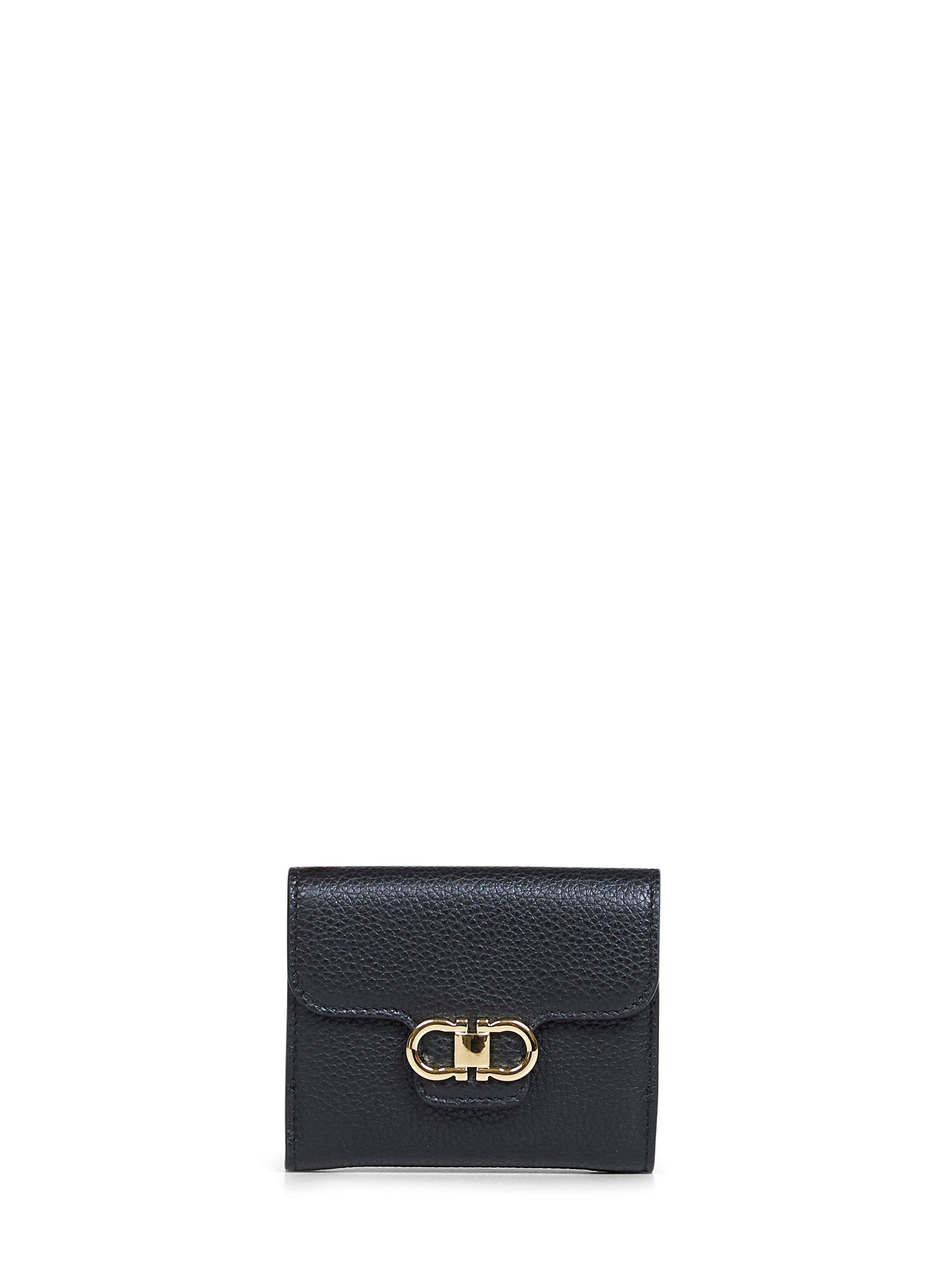 Ferragamo Women Black Hammered Calfskin Leather Gancini Compact Wallet FERRAGAMO