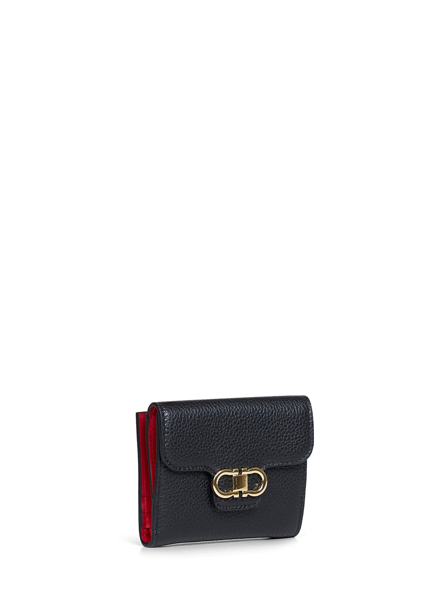 Ferragamo Women Black Hammered Calfskin Leather Gancini Compact Wallet FERRAGAMO