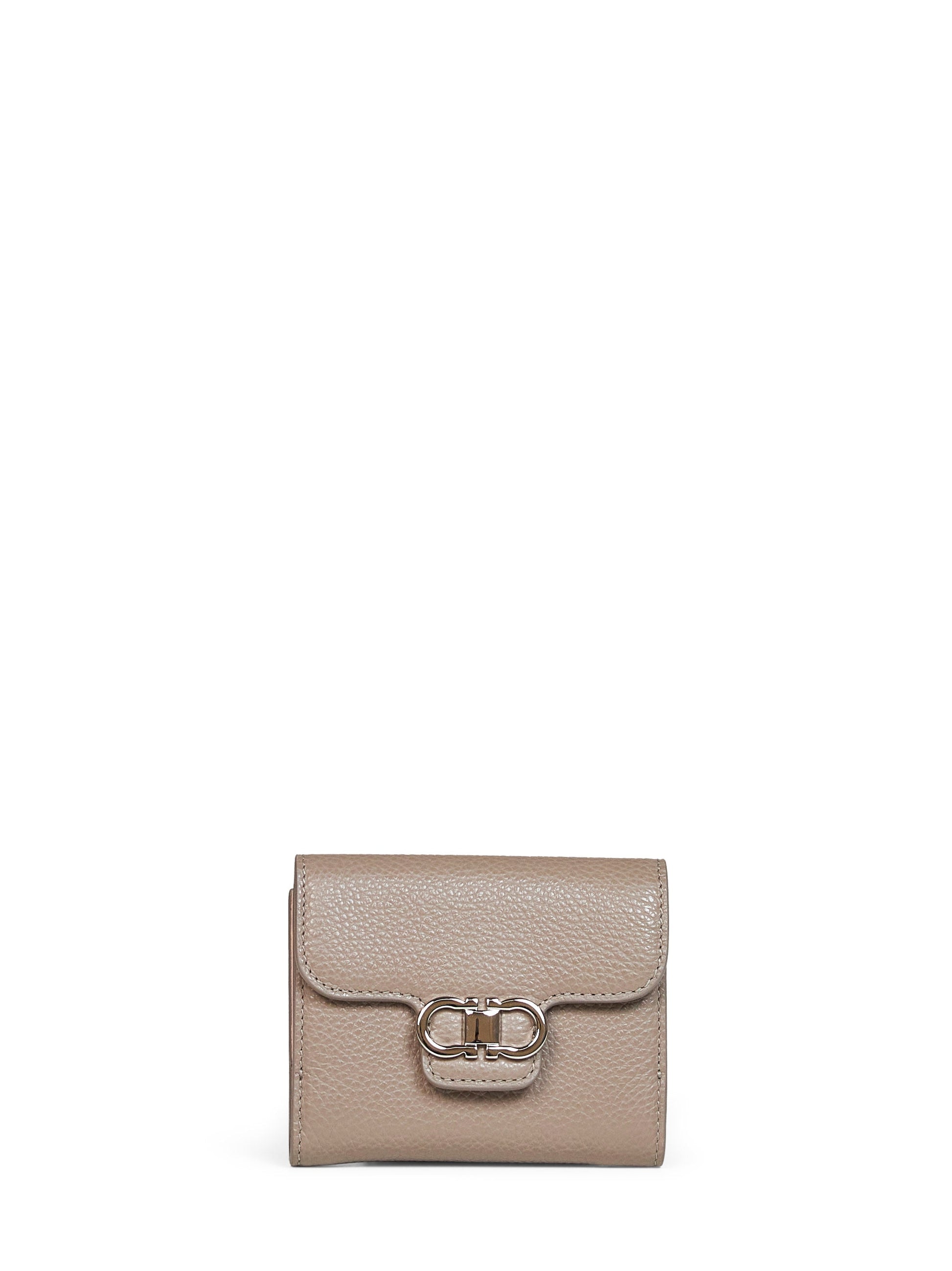 Ferragamo Women Warm Taupe Hammered Calfskin Leather Gancini Compact Wallet FERRAGAMO