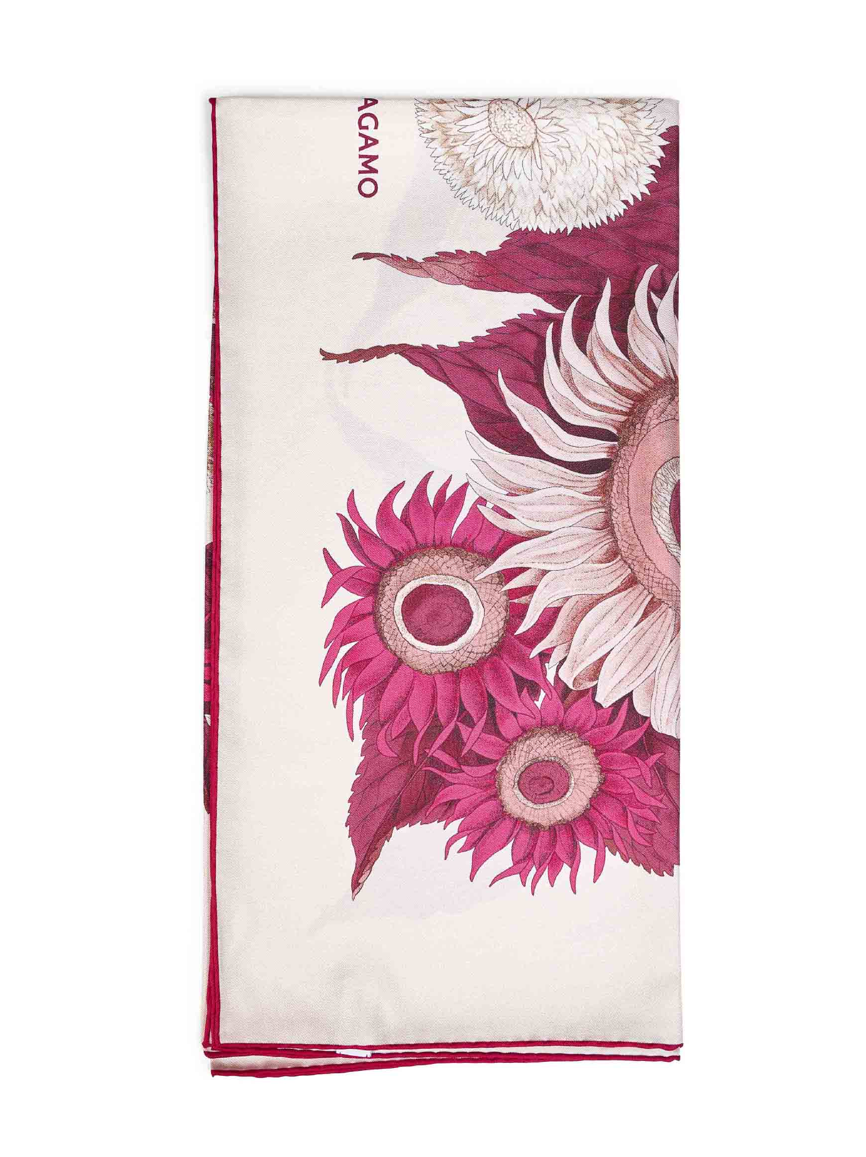 Ferragamo Women Ivory And Burgundy And Fuchsia Girasoli-Print Silk Scarf FERRAGAMO