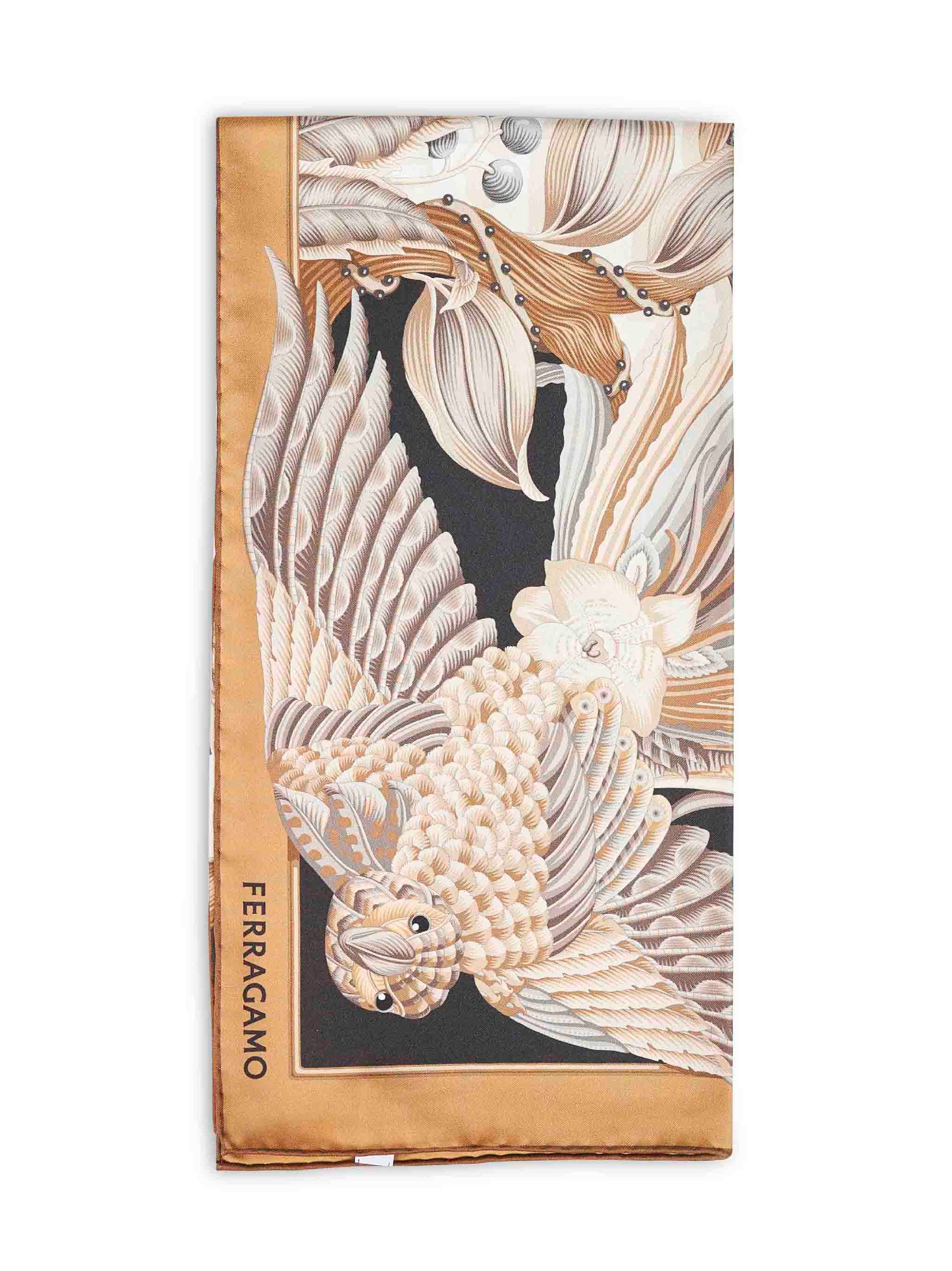 Ferragamo Women Beige And Black Parrots-Print Silk Scarf FERRAGAMO