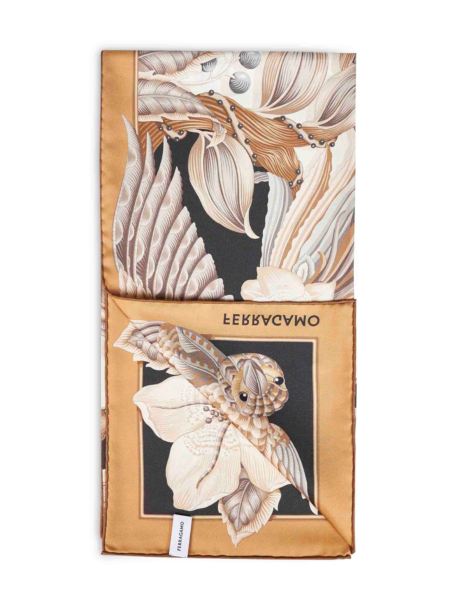 Ferragamo Women Beige And Black Parrots-Print Silk Scarf FERRAGAMO